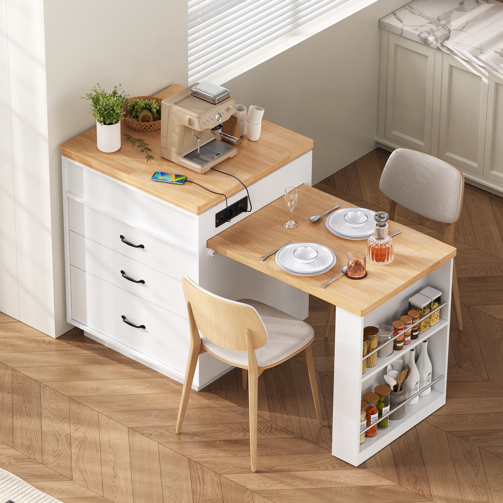 Îlot de cuisine sur roulettes, plan de travail extensible, éclairage ...