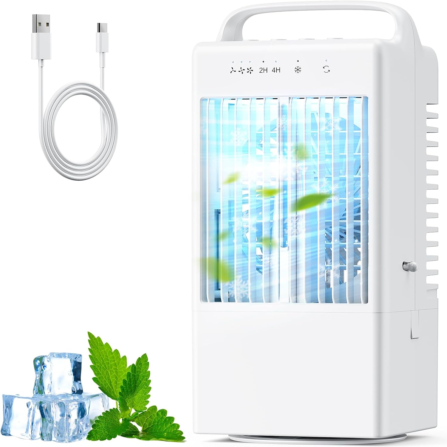 Przenośny klimatyzator, chłodnica powietrza 4 w 1, wentylator ładowany przez USB, oscylacja 90°, biały