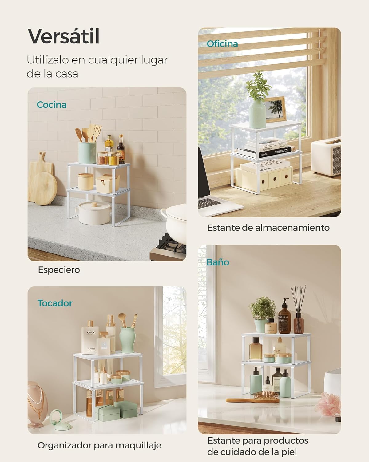 Juego de 4 Estantes de Cocina, para Almacenamiento, Apilables, Expandibles, Metal y Madera de Ingeniería, Blanco Nube y Blanco Nieve - 5