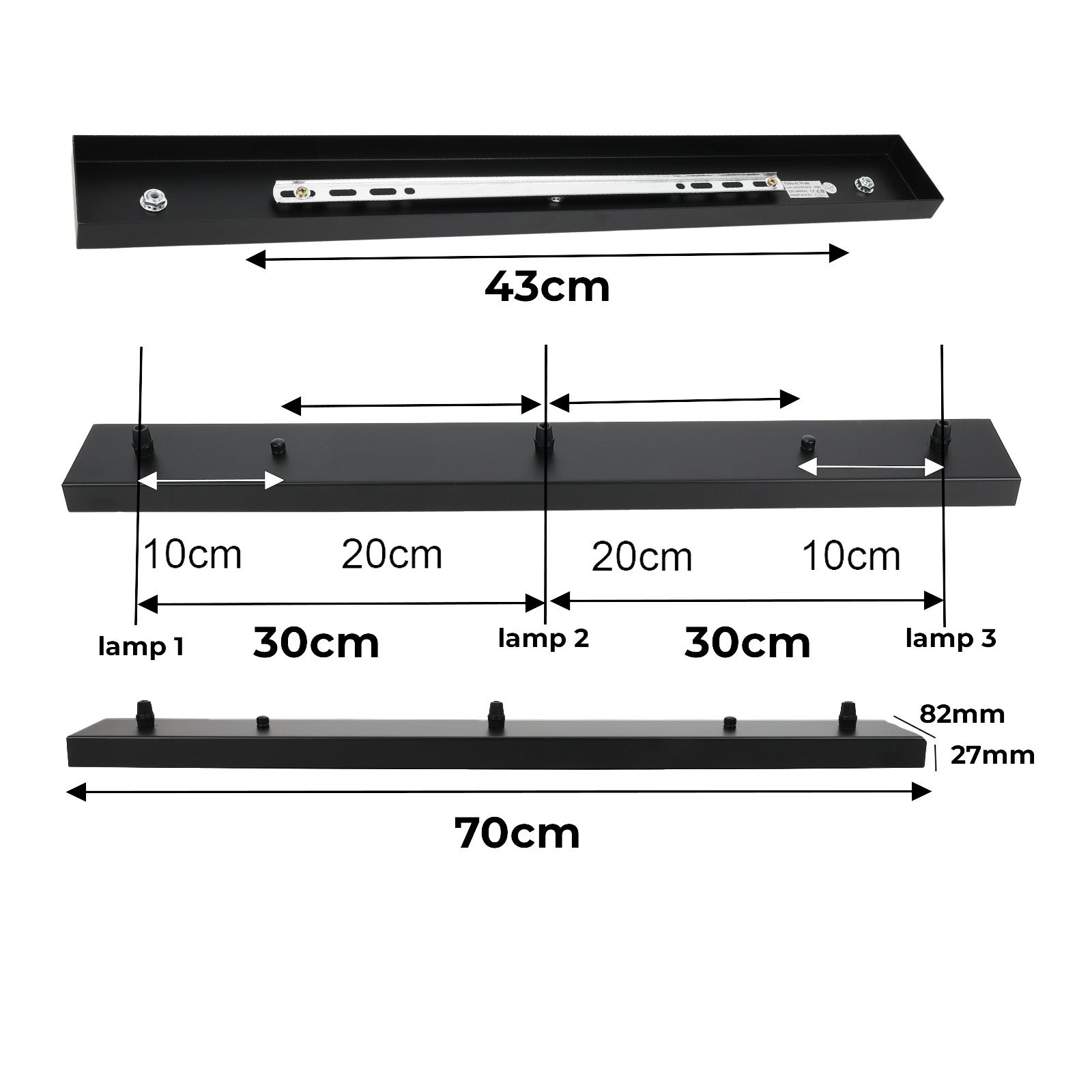 Plaque de plafond suspendue pour lampe, rosace ou réglette universelle en métal noir 70 cm pour 2 ou 3 lampes - 7