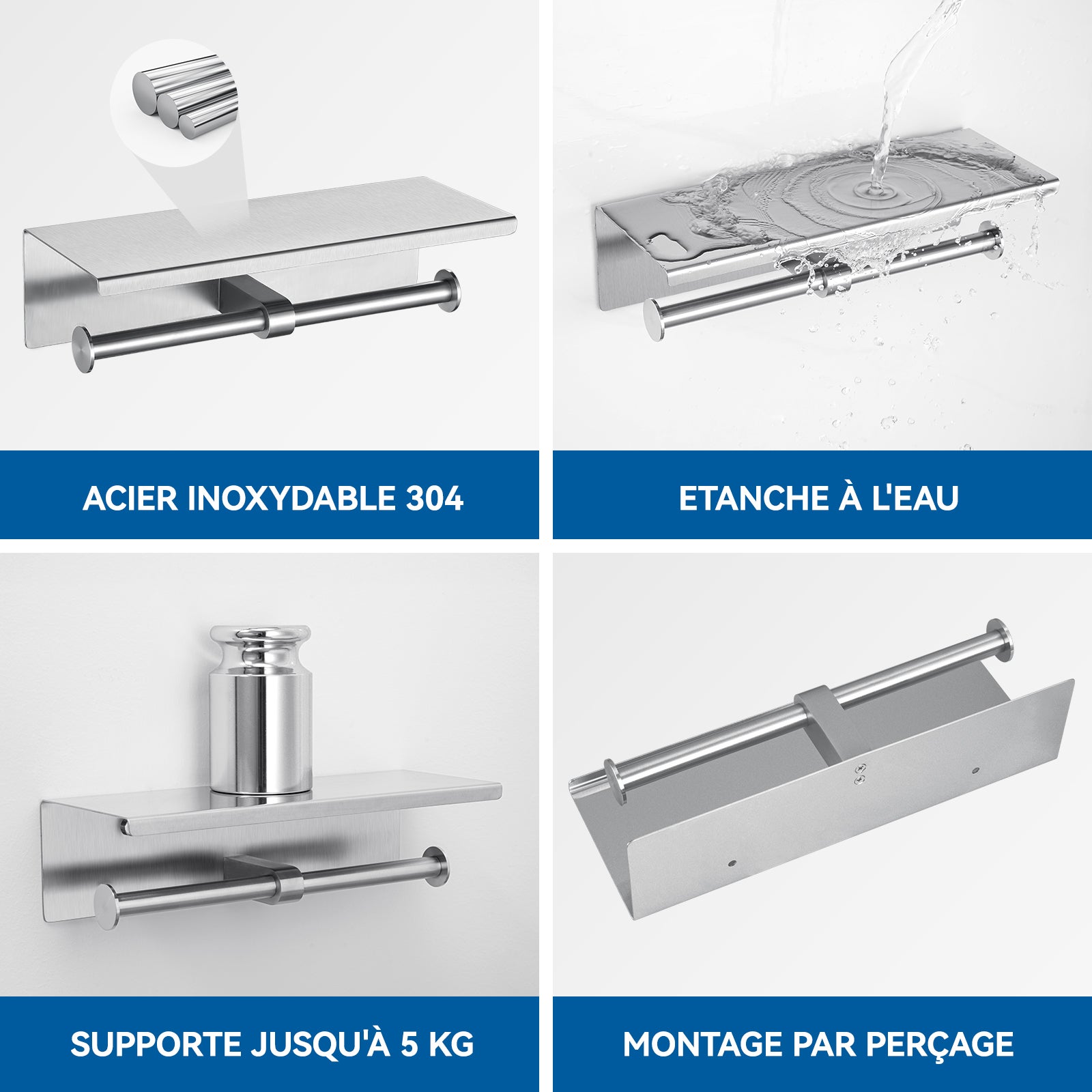 Portarrollos de papel higiénico con estante cepillado. Portarrollos de papel higiénico de acero inoxidable. Estante. - 6
