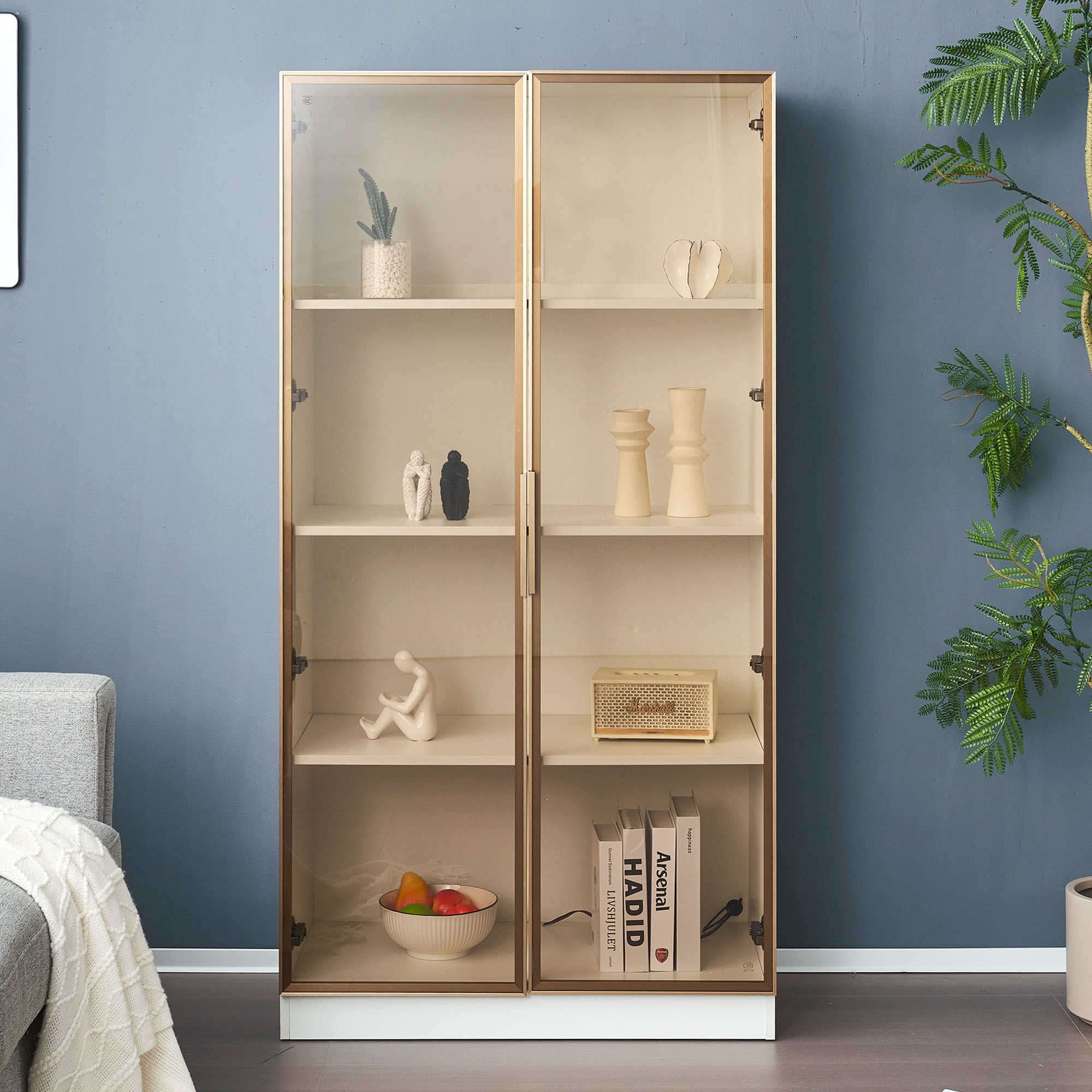 Vitrine en verre blanc avec éclairage LED 16 couleurs, meuble vitrine à double porte avec étagères mobiles, 80x40x160 cm - 2