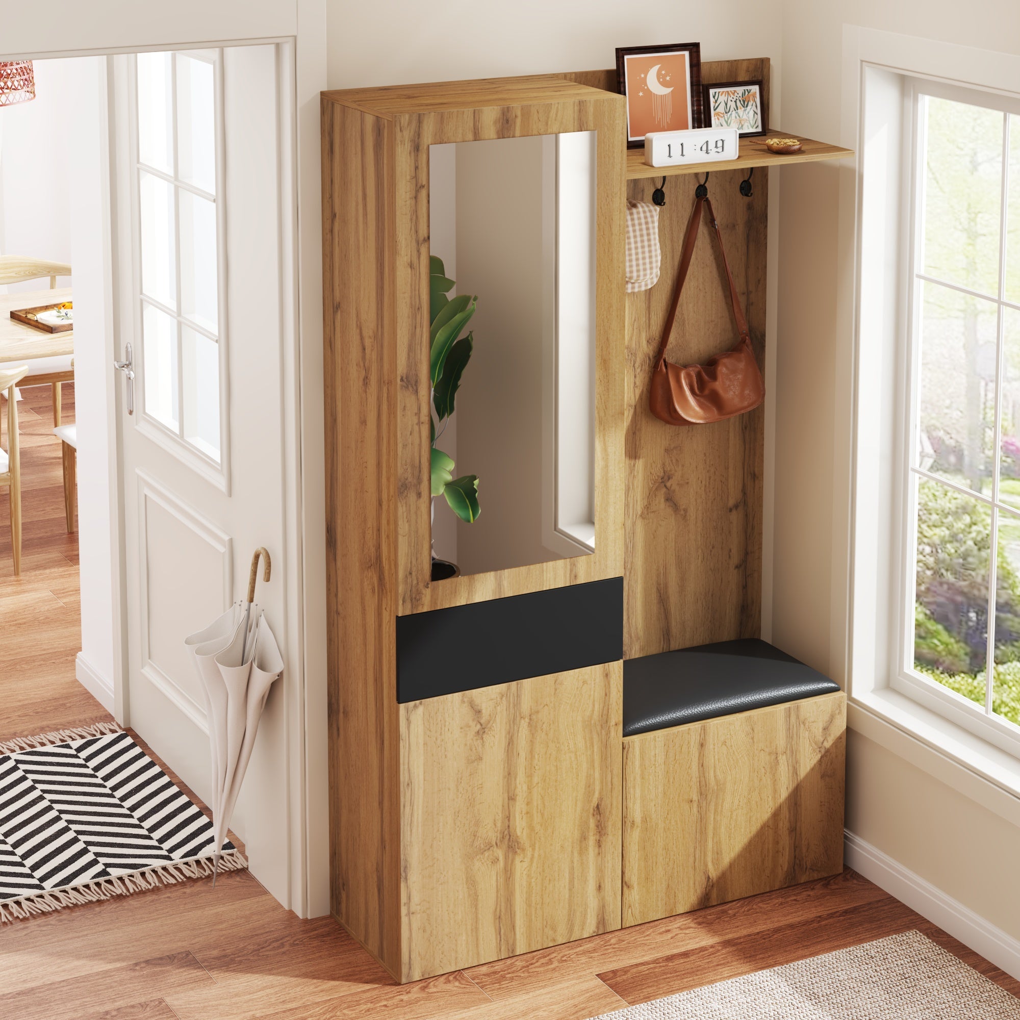 Ensemble de garde-robe avec 5 patères, miroir, meuble à chaussures, armoire intégrée avec étagères supérieures, tiroirs, compartiments de rangement - 6