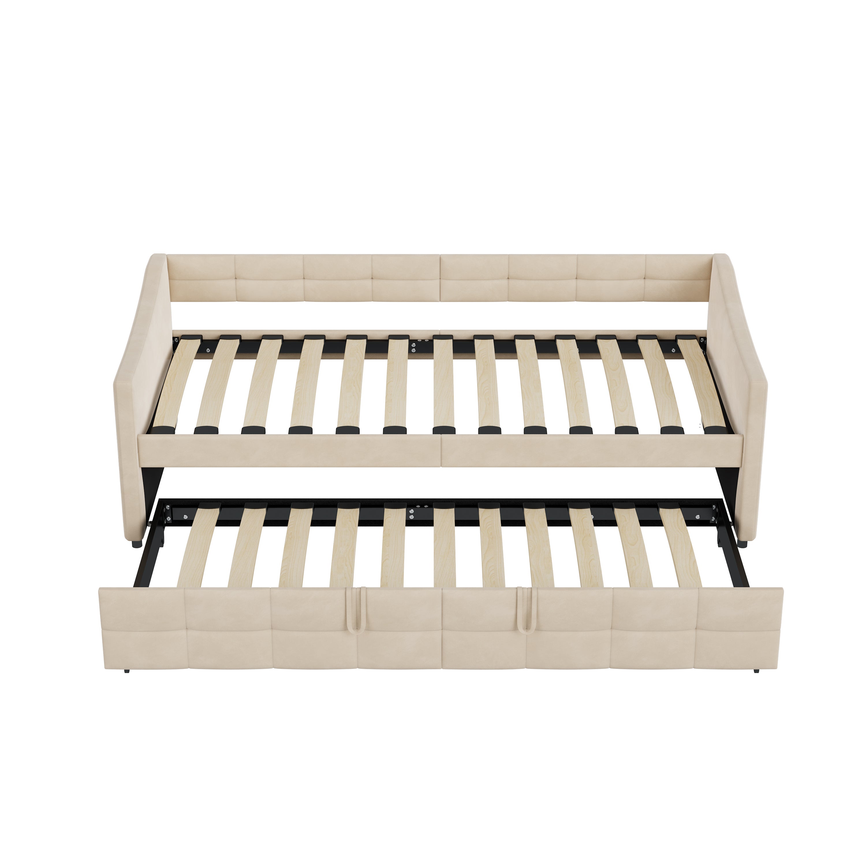 Lit gigogne 90x190/200 cm - avec poches latérales - accoudoirs - cadre à lattes - style scandinave - canapé-lit - Beige - 8