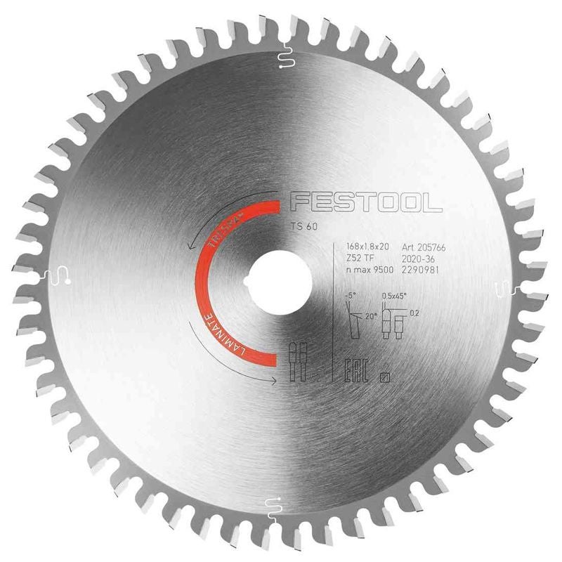 Lame De Scie Festool LAMINATE/HPL - 168x1.8x20mm TF52, Pour Stratifié, Trespa Et Matériaux Minéraux