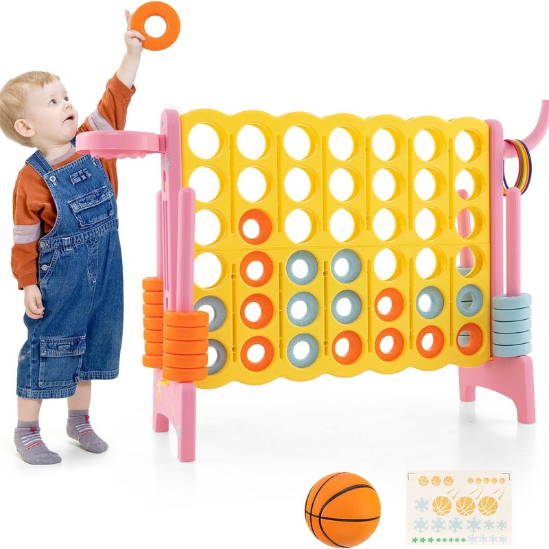 Gigantyczna Gra Puissance 4 z Koszem do Koszykówki i Słupkami do Rzucania Pierścieniami, 42 Pierścienie (120 x 33 x 78,5 cm, Różowa)