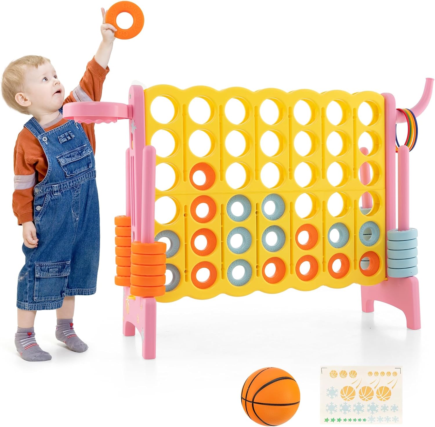 Gigantyczna Gra Puissance 4 z Koszem do Koszykówki i Słupkami do Rzucania Pierścieniami, 42 Pierścienie (120 x 33 x 78,5 cm, Różowa)