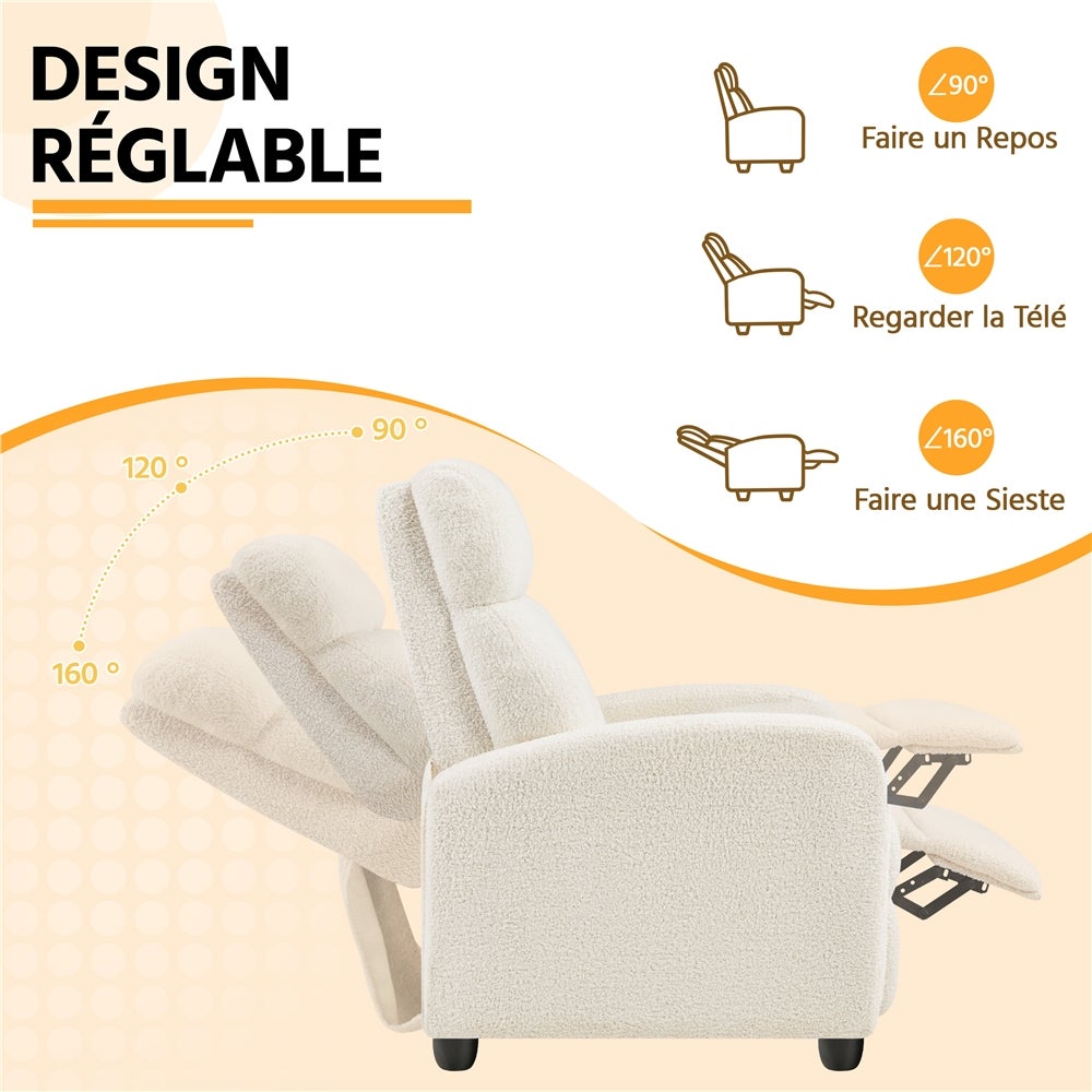 Fauteuil de Relaxation Inclinable en Tissu Bouclette Doux avec Repose Pied, Ivoire Yaheetech - 5