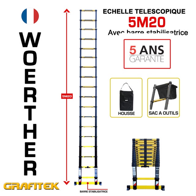 Scala Telescopica Woerther 5m20 – Con custodia e borsa porta attrezzi – Con barra stabilizzatrice – Qualità superiore – Garanzia 5 anni