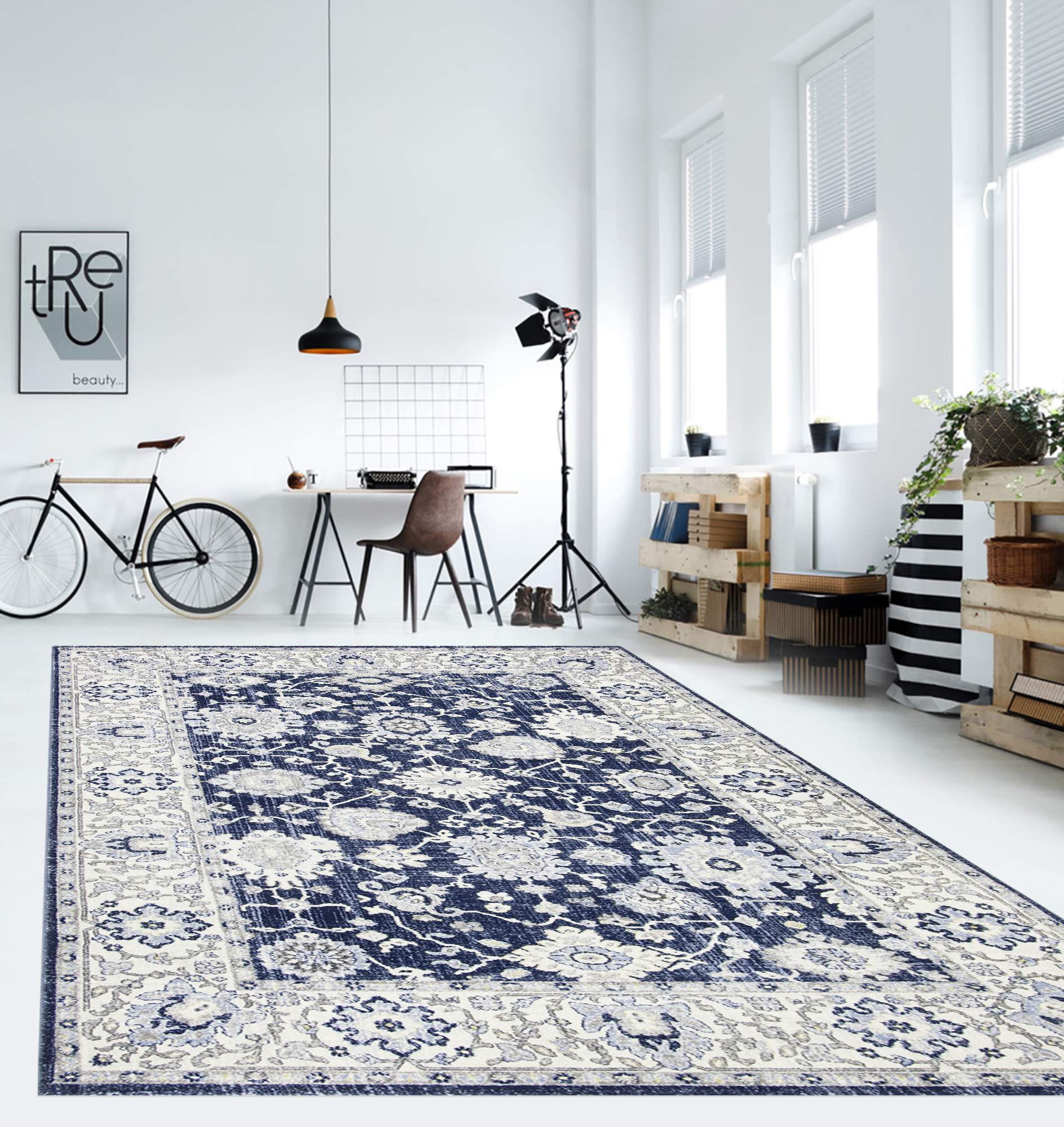 Alfombra de vinilo, teherán azul 160x240 cm - pvc antideslizante, lisa impresa, vinilica para cocina o salón, lavable