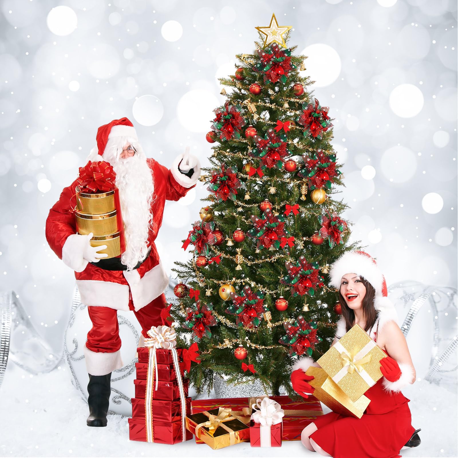 Lot de 16 décorations de Noël, fleurs artificielles scintillantes avec clips, décorations pour sapin de Noël, pendentifs de fleurs artificielles - 3