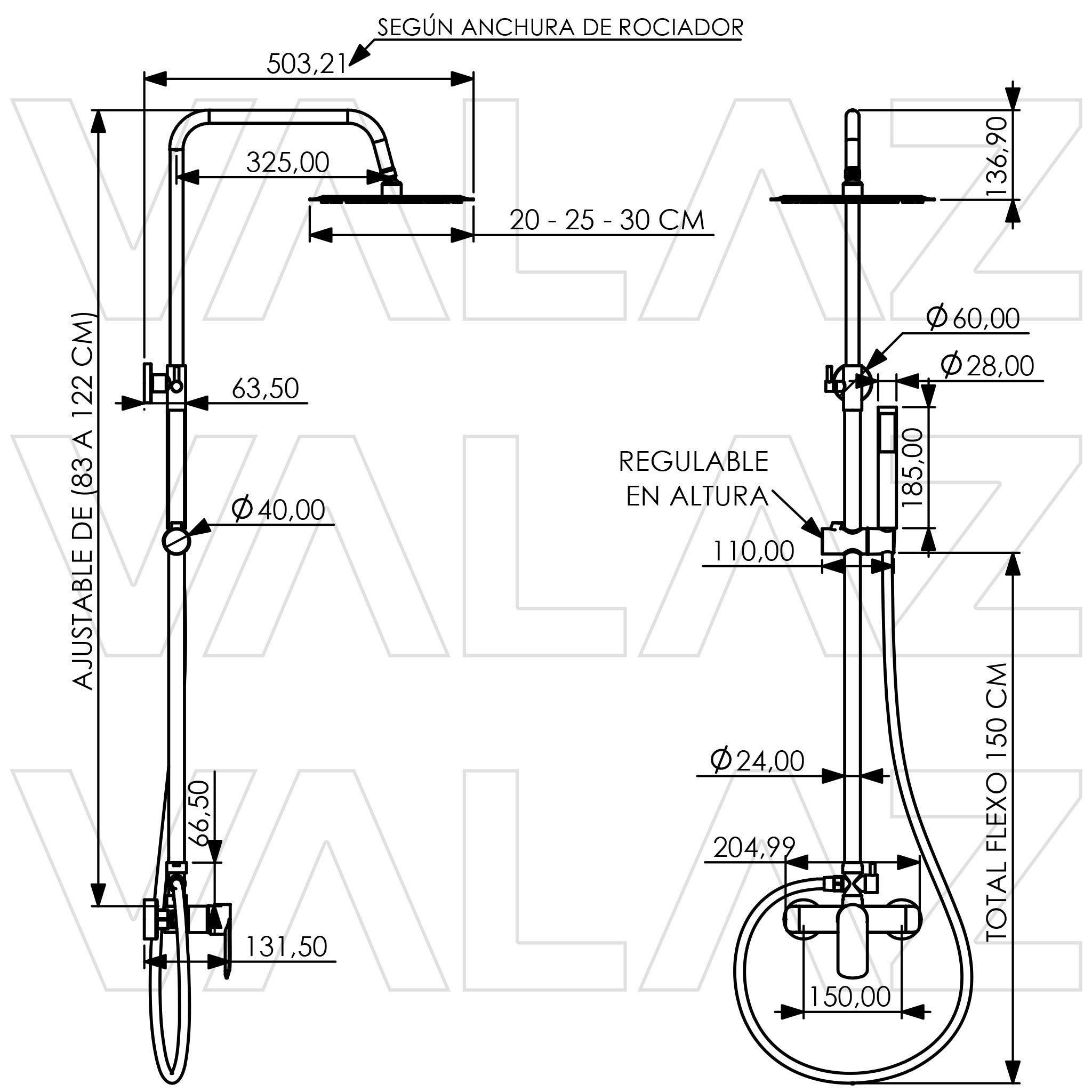 Valaz Barre de douche ronde réglable jusqu'à 120 cm, noir mat - Série Turia - 25 cm - 2