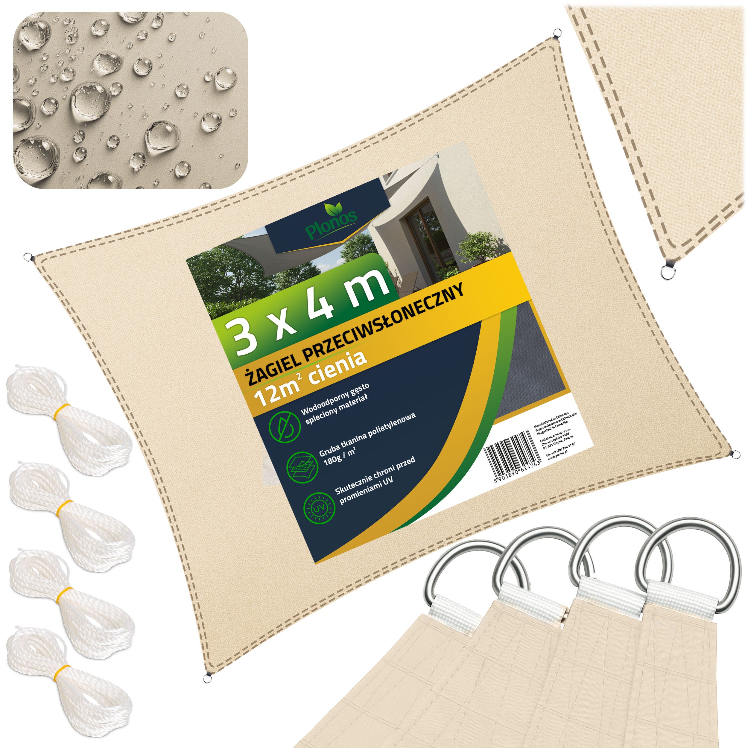 Żagiel przeciwsłoneczny prostokątny ogrodowy 180g na taras wodoodporny 4x3m Plonos