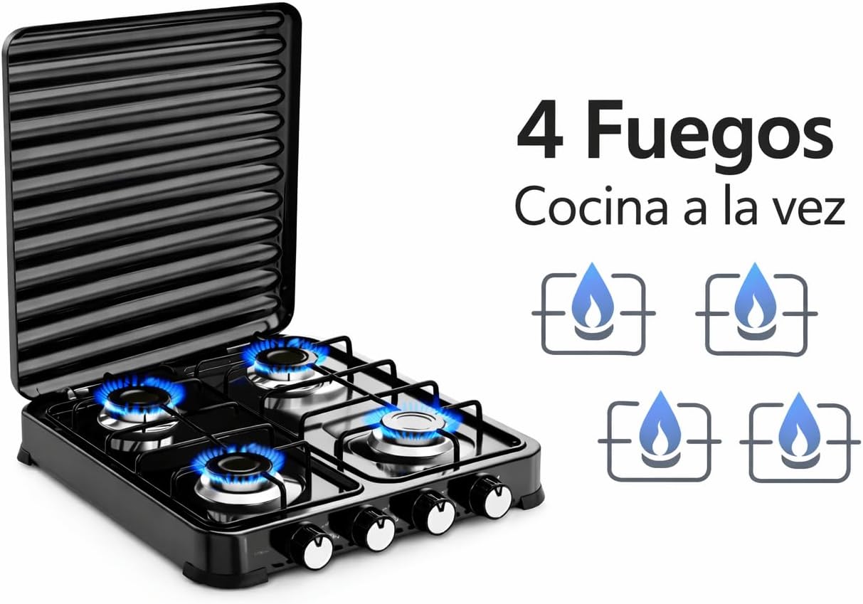 Fogão a Gás Portátil 4 Bocas (4 Queimadores) 8,8 kW · Camping Exterior · Para Butano e Propano · Tampa rebatível · Chama regulável - 2