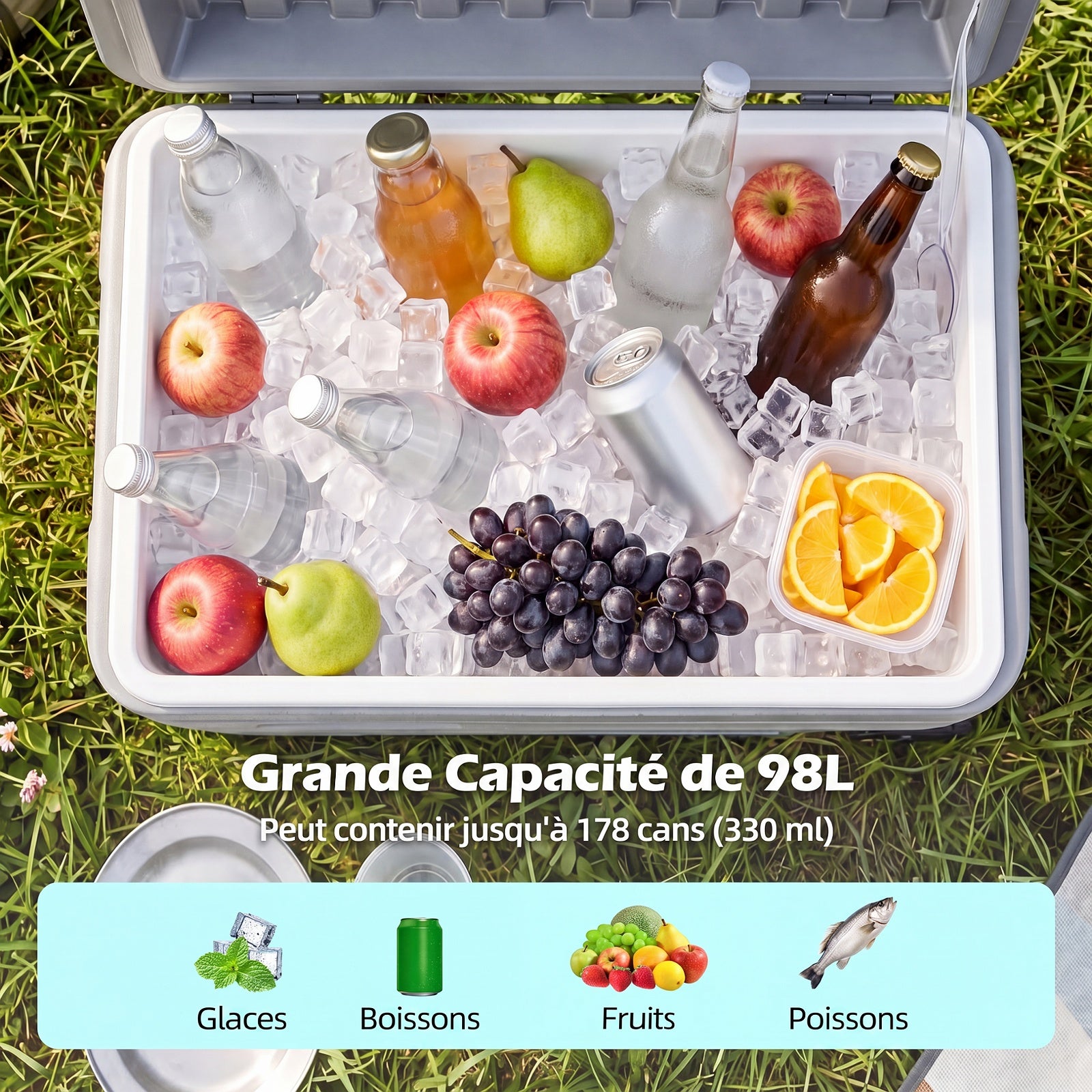Glacière Rigide 98L, Glacière à Roulettes Maintien au Froid 5-7 Jours, Orifice de Vidange, Poignée Pliable, Coffre à Glace Portable, Camping, Barbecue - 4