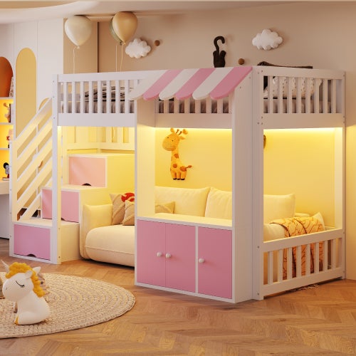 Lit superposé Enfant 90X200 avec armoire et LED, Lit mezzanine avec escalier de rangement et sommier à lattes, Rose(Sans Matelas) - 2