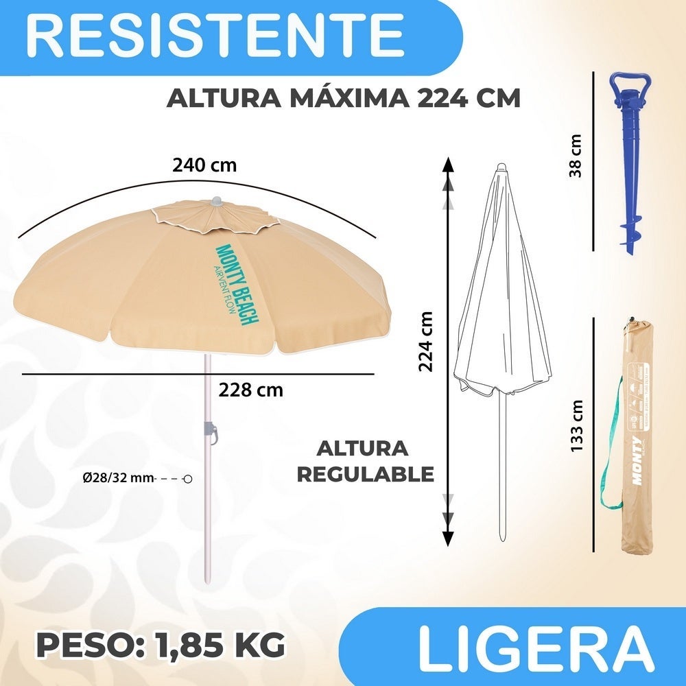 Sombrilla playa 240 cm con soporte arena, beige, ligera de Aluminio MONTY - 7