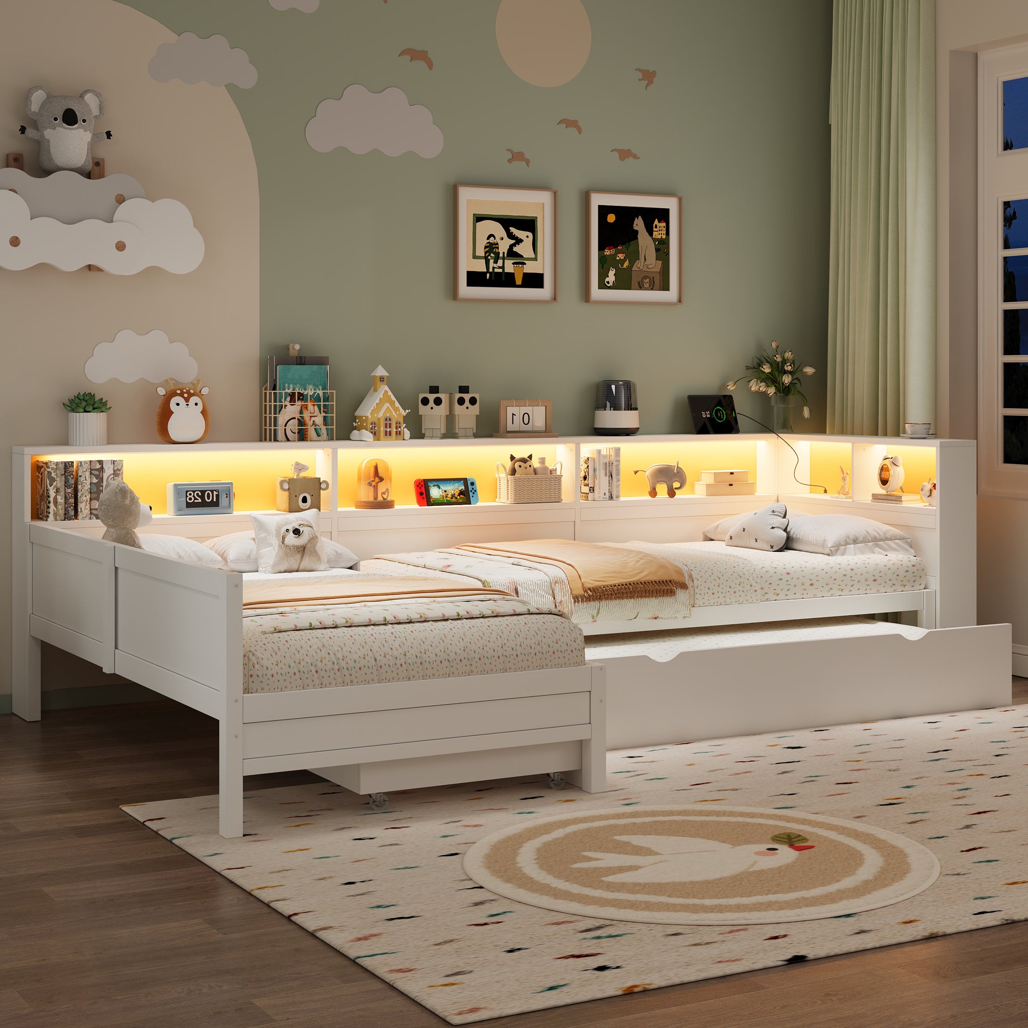 Łóżko 90 x 200 cm z wysuwaną częścią - Schowki - MDF + sklejka - Gniazda ładowania i diody LED - Białe (materac nie jest wliczony w cenę)