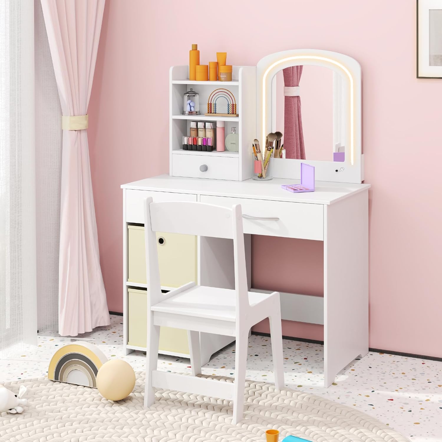 Coiffeuse Enfant Avec Miroir LED, Tabouret Et Rangements - Blanche, Bois MDF, Pour Filles 3-8 Ans - Table De Maquillage Et Jeu