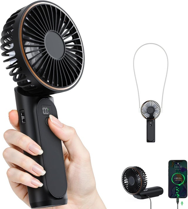 Ventilateur Portable à Main, Mini Ventilateur Pliable 180°, 6 Vitesses, Affichage LCD, Ultra Silencieux, 4000mAh, Format de Poche, Avec Lanière