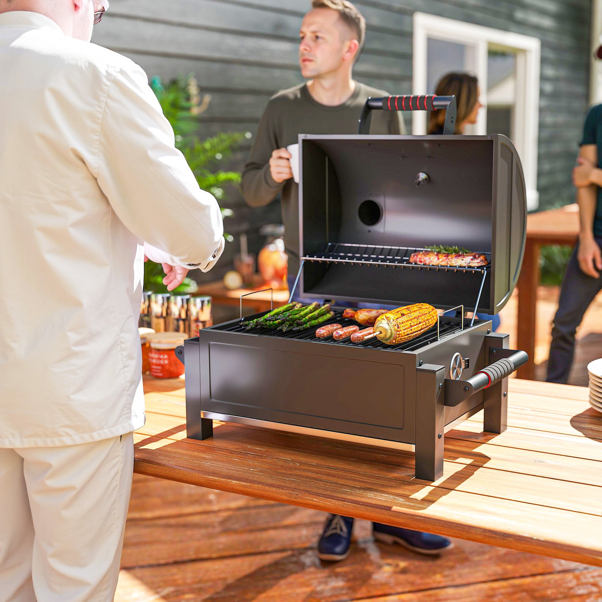Barbecue charbon de bois avec couvercle, grille de maintien au chaud, bac à cendres, thermomètre, inoxydable, 67 x 53 x 55 cm, noir/rouge - 2