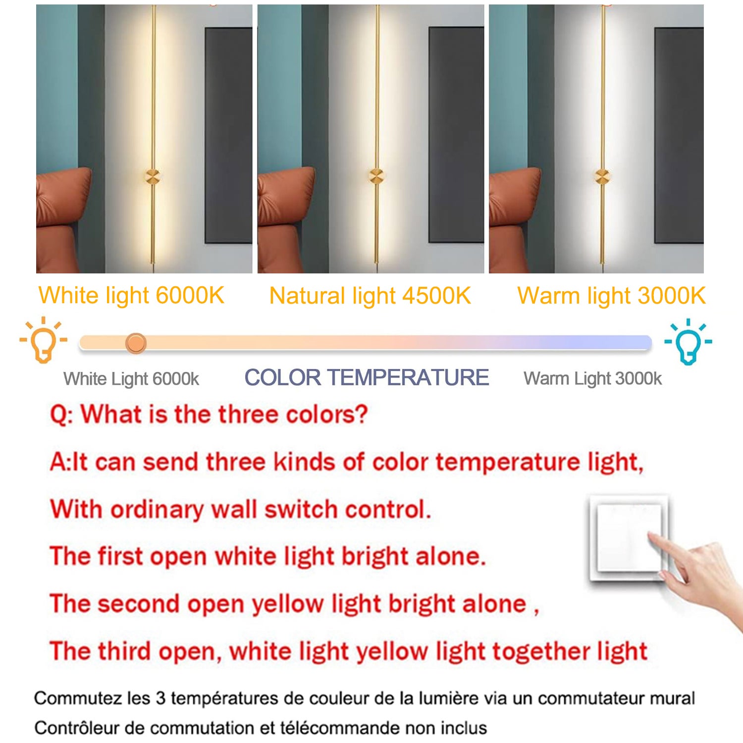 Lot de 2 appliques murales LED 60 cm, lampe de chevet rotative à 350°, éclairage décoratif d'intérieur, 3 températures de couleur réglables, doré - 4