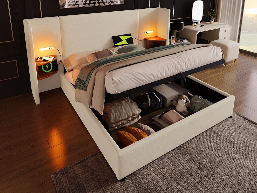 Łóżko z pojemnikiem na pościel 180x200cm - 2 szafki nocne z lampką do czytania i funkcją ładowania - z listwową podstawą - Beżowy