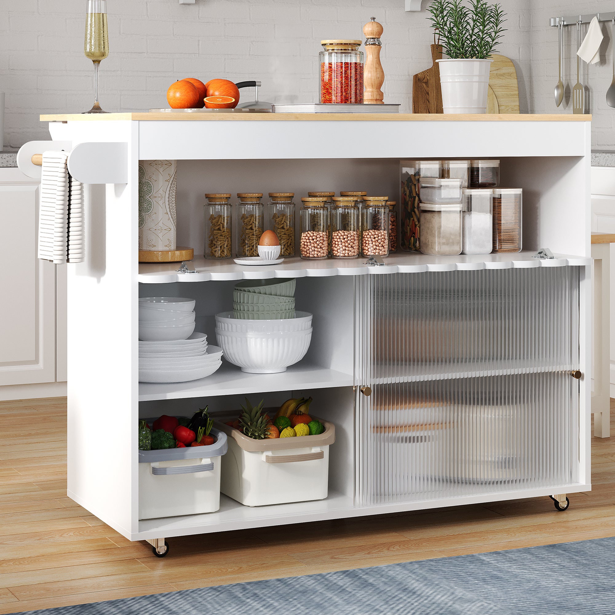 Mobilna wyspa kuchenna z 2 drzwiami przesuwnymi - rozkładany blat - 122x46/69x91 cm - drewno MDF - biały + naturalny