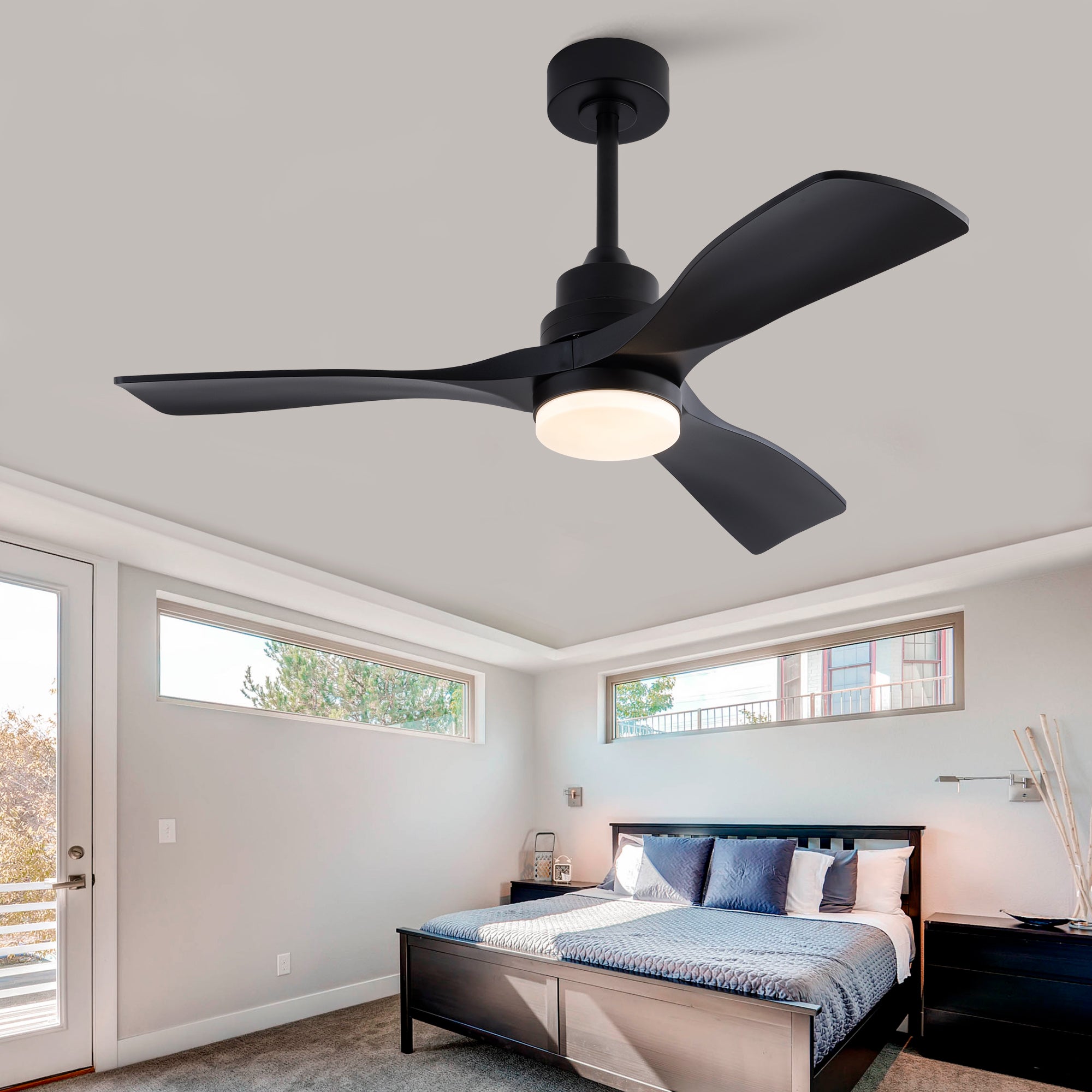 Ventilador de techo superventas de 107 cm (42 pulgadas) con luz y mando a distancia, estilo rústico, color negro moderno, 3 aspas.