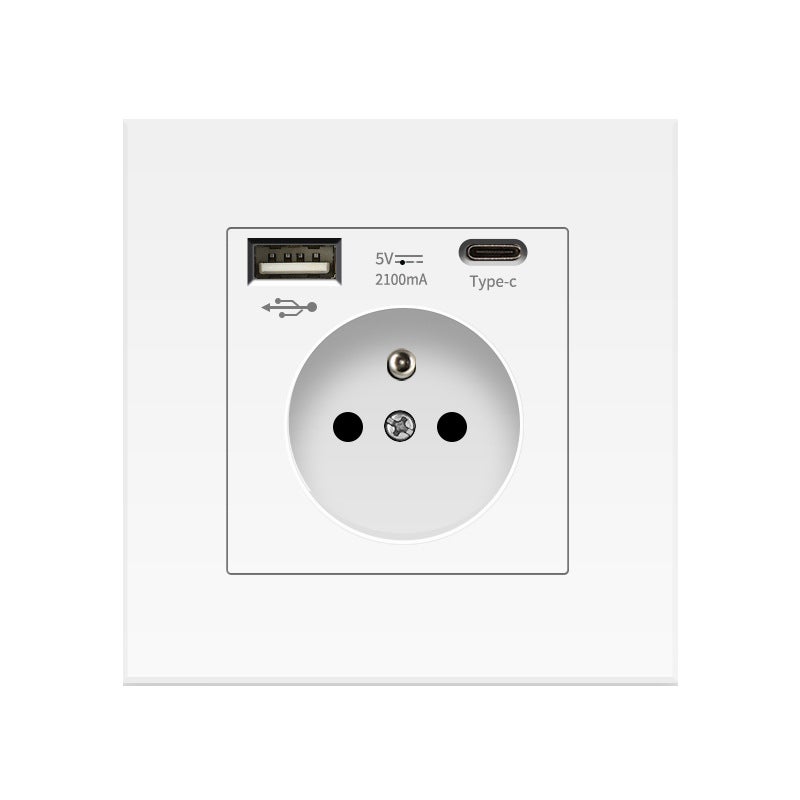 Gniazdo ścienne USB i Typu C, gniazdo zasilania PC z USB 2.1A Prąd 16 A 250V 86mm Biały