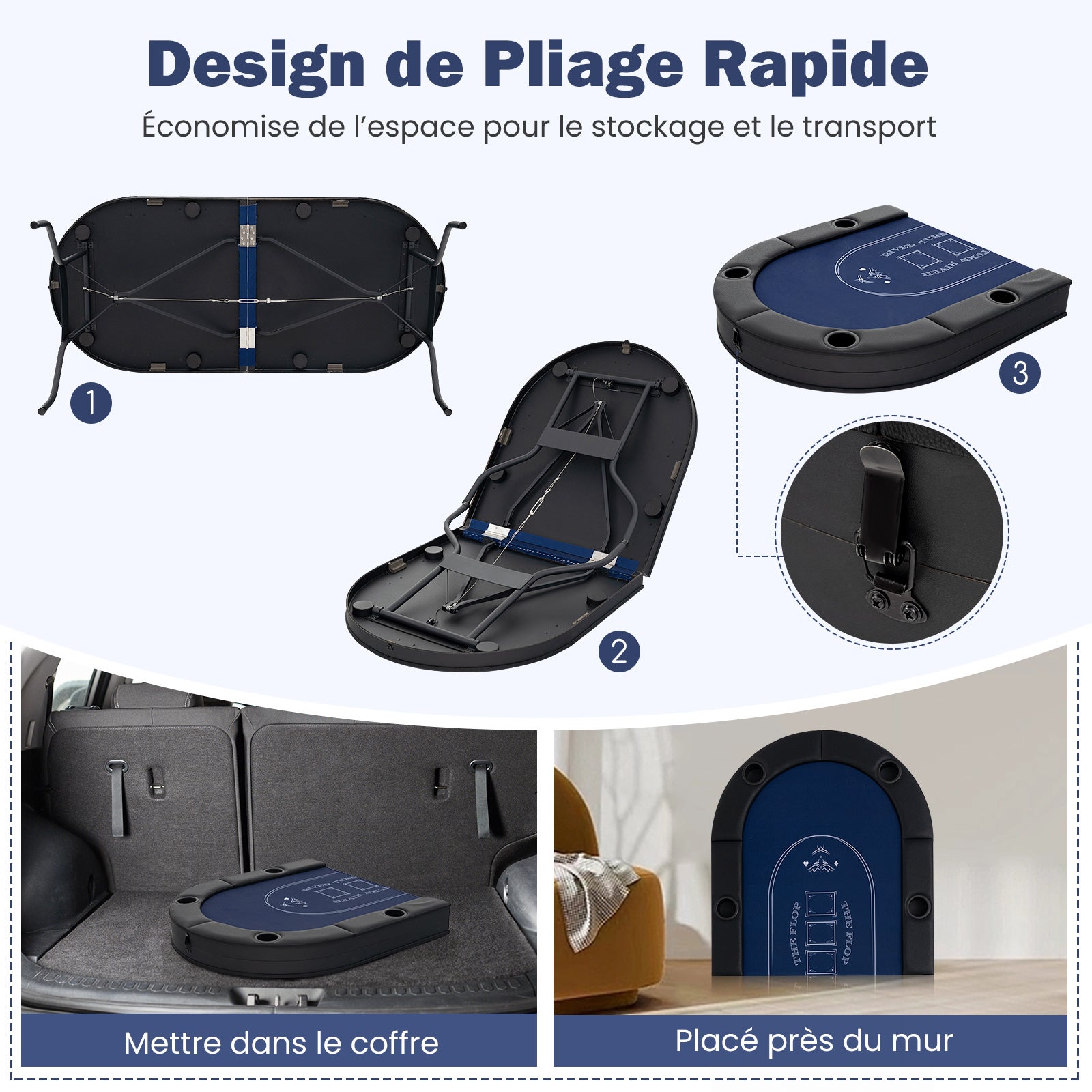 Składany Stół do Pokera dla 8 Graczy, Stół do Gier Towarzyskich 182 cm, 8 Metalowych Uchwytów na Kubki, Wyściełane Poręcze, Texas Hold'em, Niebieski - 3