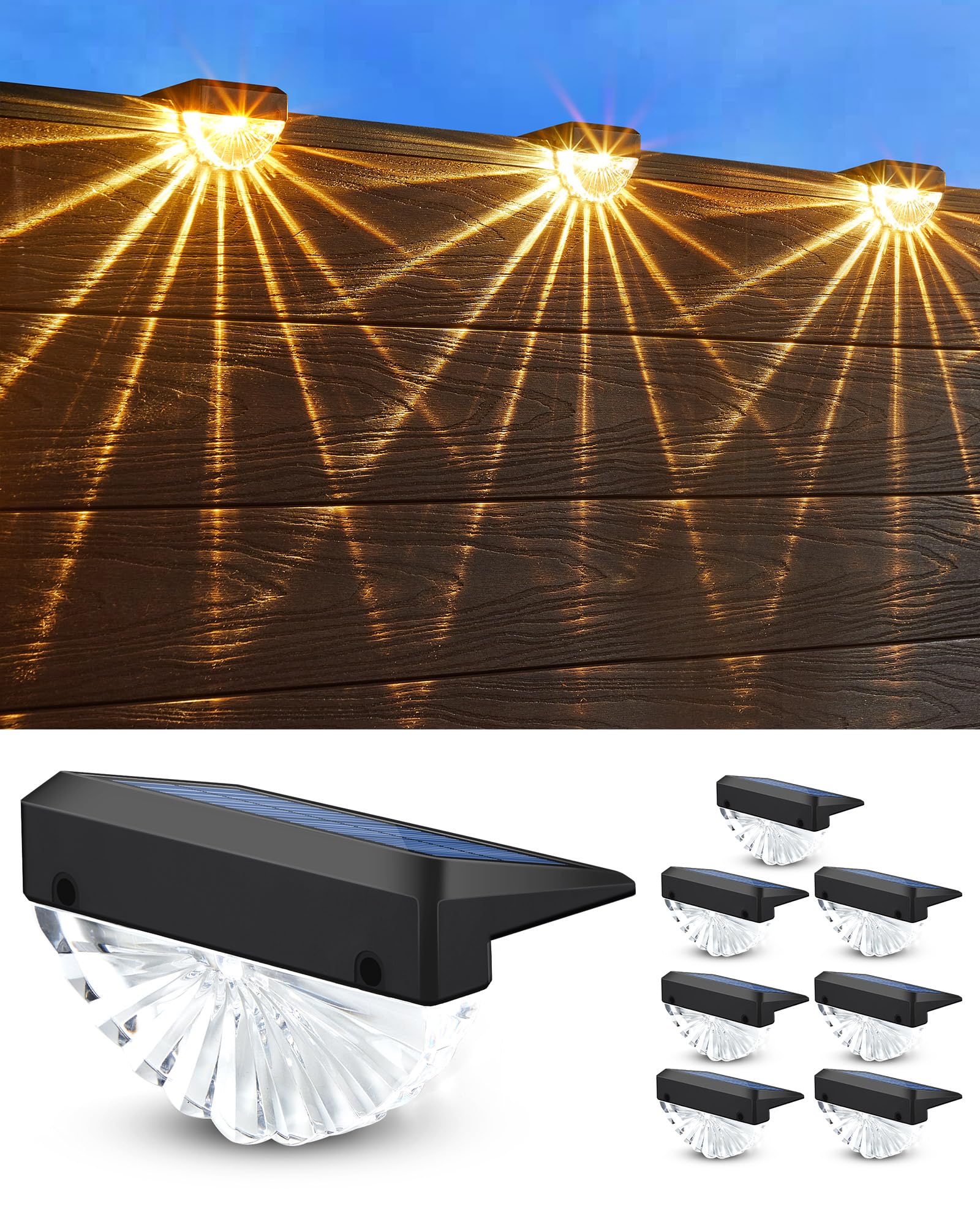 Zestaw 8 solarnych lampek na ogrodzenie, oświetlenie schodów, automatyczny włącznik, wodoodporne oświetlenie zewnętrzne do ogrodu
