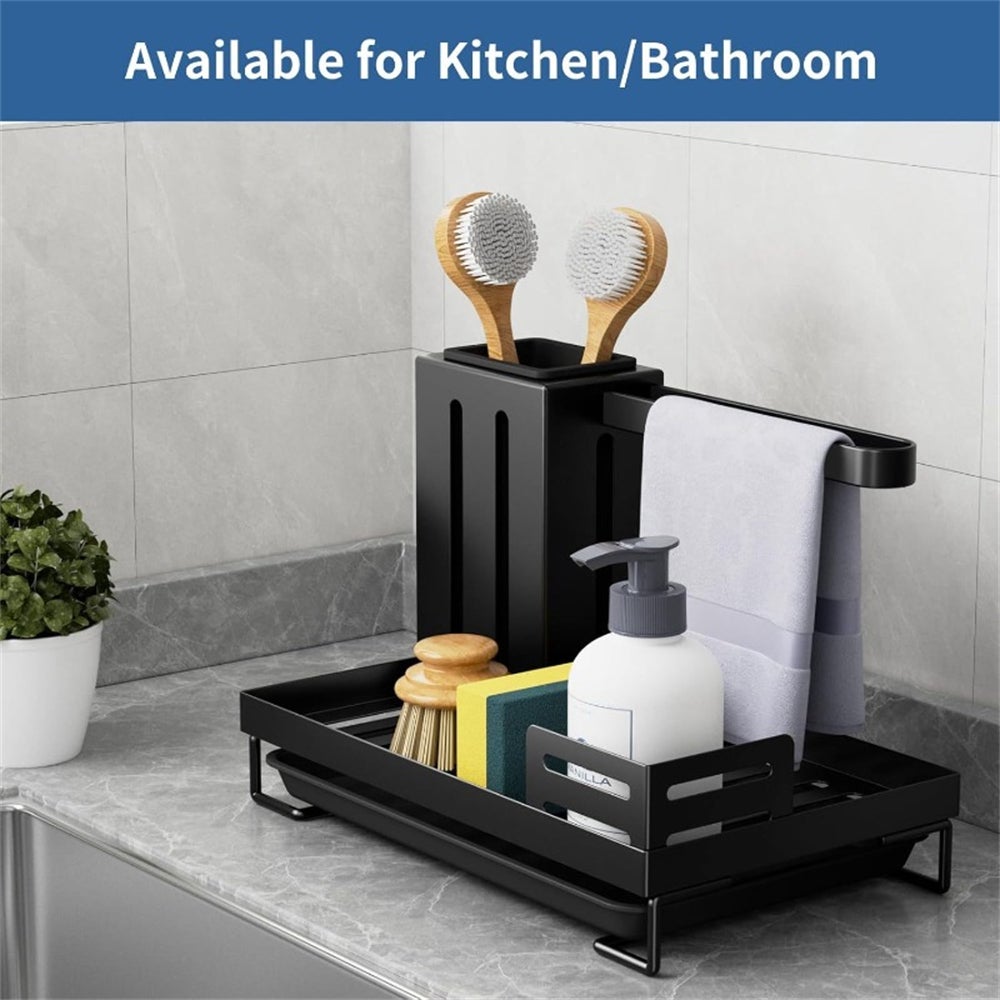 Portaoggetti per cucina e bagno con vaschetta di scarico – scolapiatti multifunzionale con porta spugna e porta scopino - 6