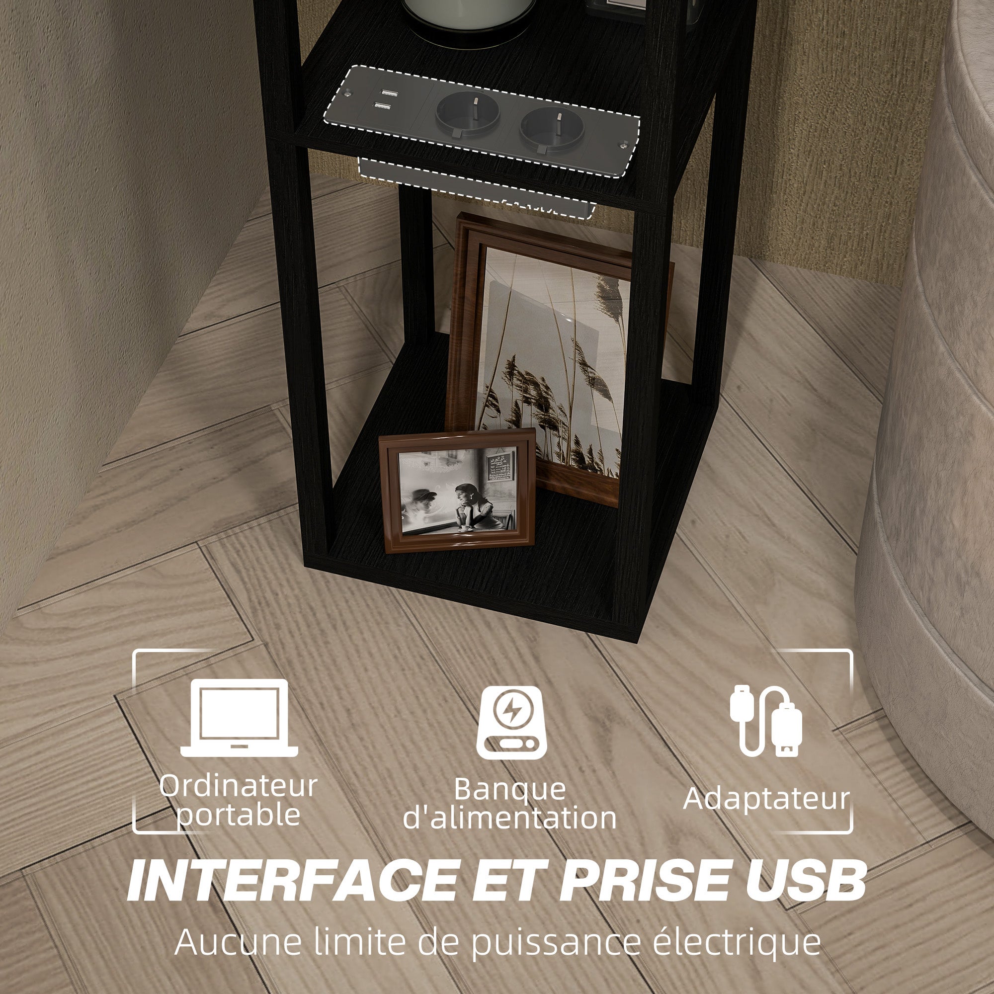 Lampadaire LED moderne avec étagère, port USB A+C et interrupteur au pied, convient pour le salon, la chambre et le bureau, noir. - 6