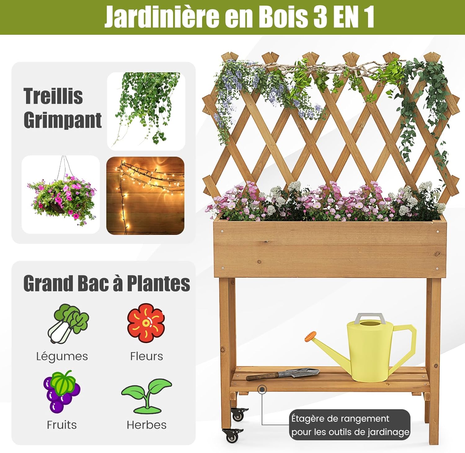 Jardinière Surélevée en Bois avec Treillis à Roulettes, Étagère Inférieure pour Fleurs, Légumes, Herbes, 90x29x129cm - 7
