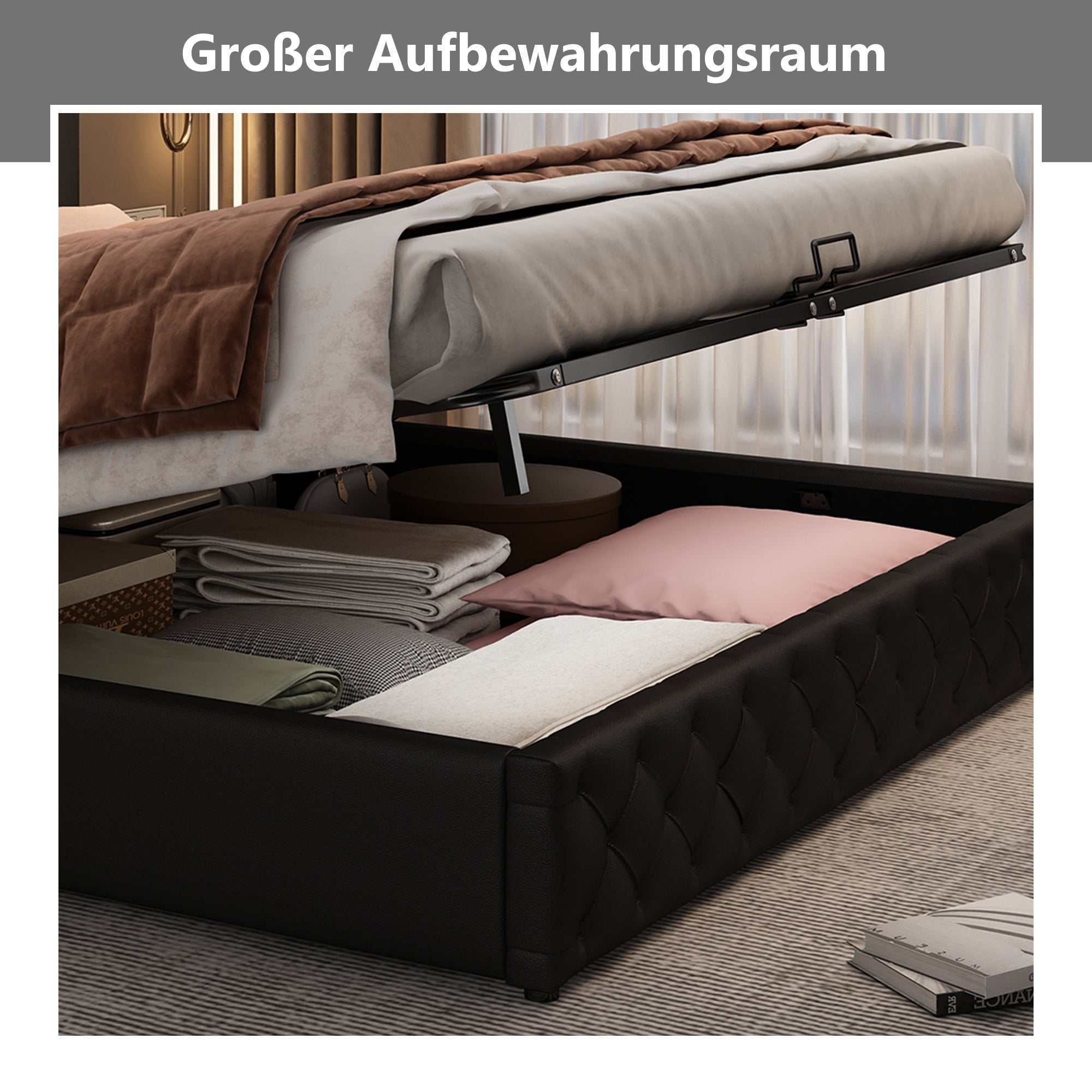 Cama contenedor con cabecero - 160 x 200 cm - Cuero PU y LED - Somier de láminas - Estilo contemporáneo - Negro - 9