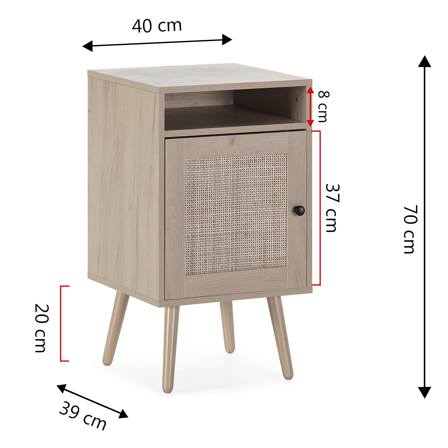 Table de Chevet Bella 1 Porte Couleur Chêne, Rotin Naturel - 6