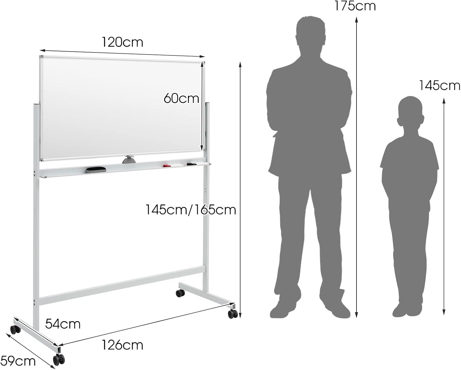 Tableau Blanc Double Face Rotatif à 360°, Tableau Blanc Effaçable à pied, Hauteur Réglable, 4 Roues Universelles avec Freins, Aimant, Marqueur, Gomme - 6