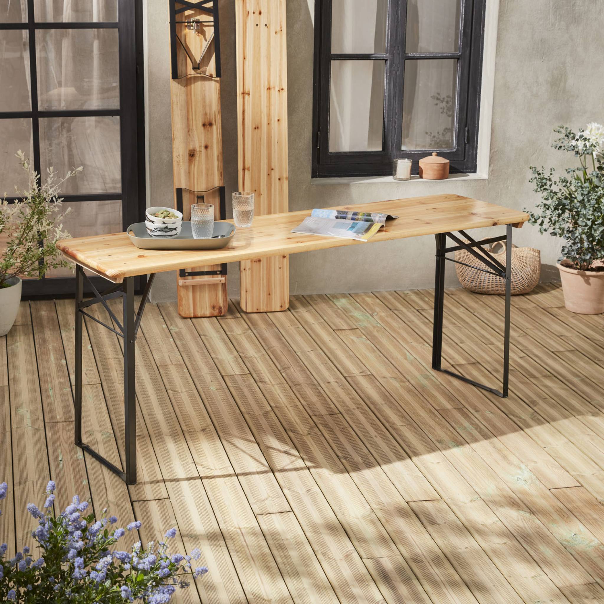 Table de jardin pliante bois de sapin + 2 bancs BAYONNE – Esprit brasserie. pliable. 6 personnes BAYONNE - 5