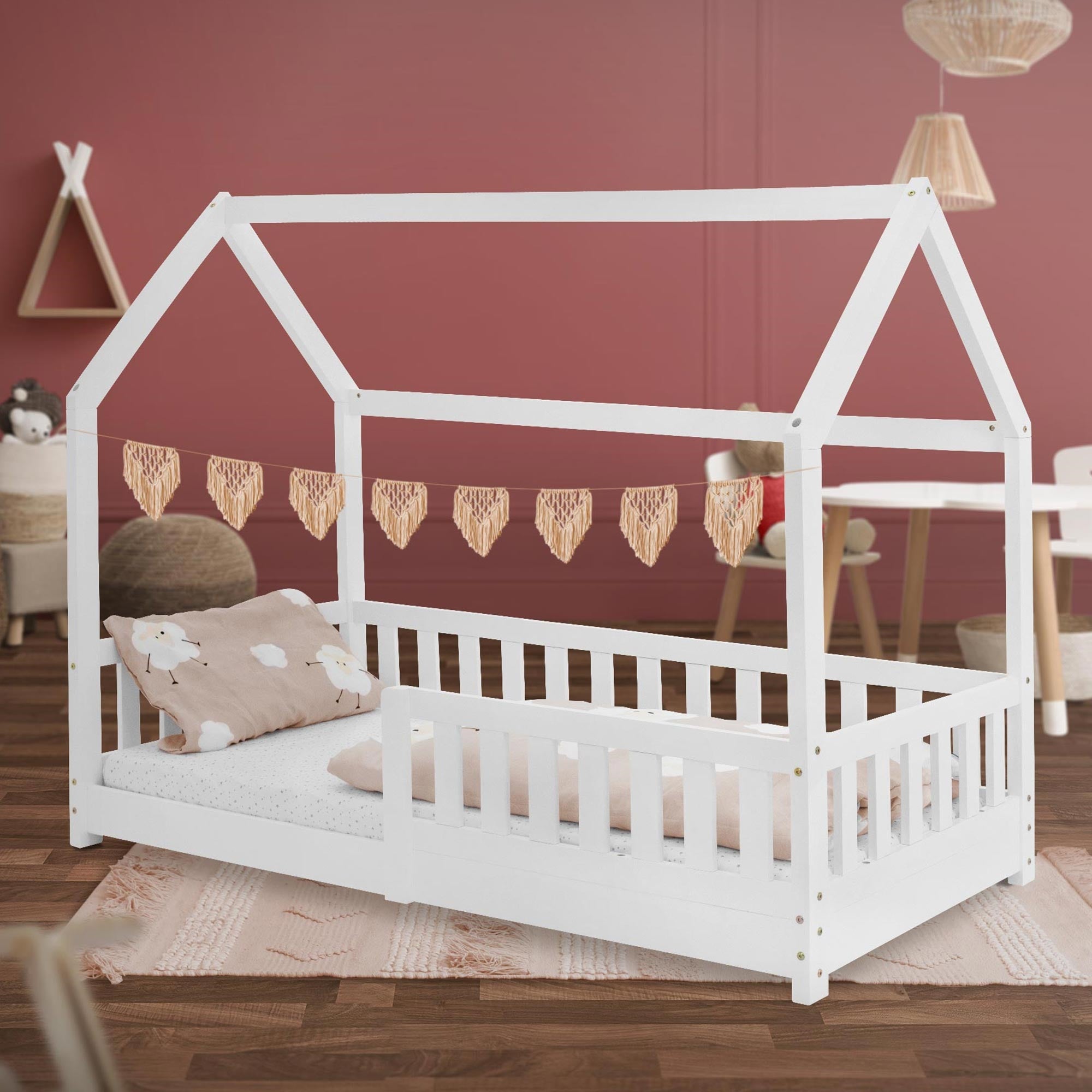 ML-Design łóżko dziecięce domek 80x160 cm biały z barierką dachem i stelażem listwowym z litego drewna sosnowego dla dziewczynek i chłopców