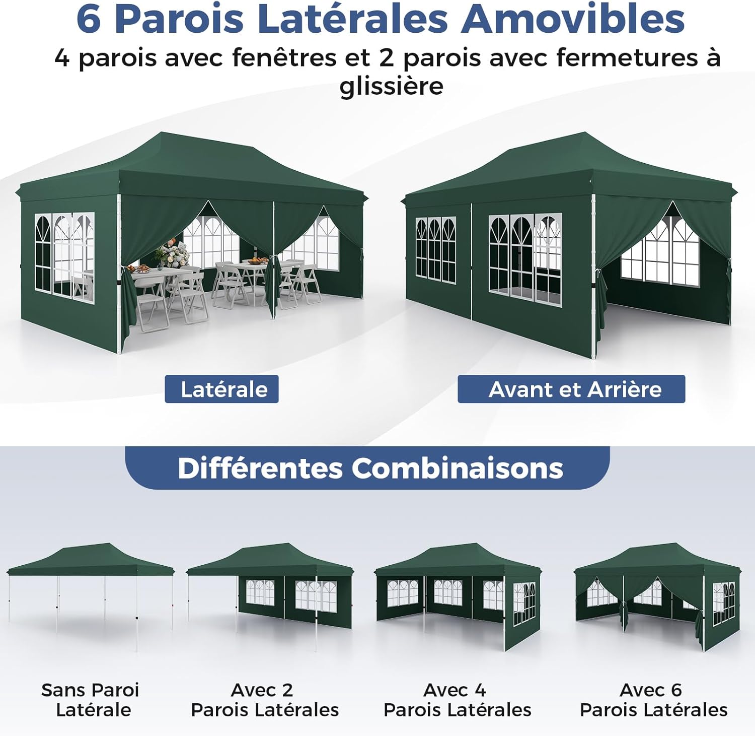 Tonnelle Pliable 3x6M avec 6 Parois Latérales, Barnum Tente de Réception Pliante Anti-UV 50+, Imperméable, 6 Sacs de Sable,Sac de Transport, Vert - 6