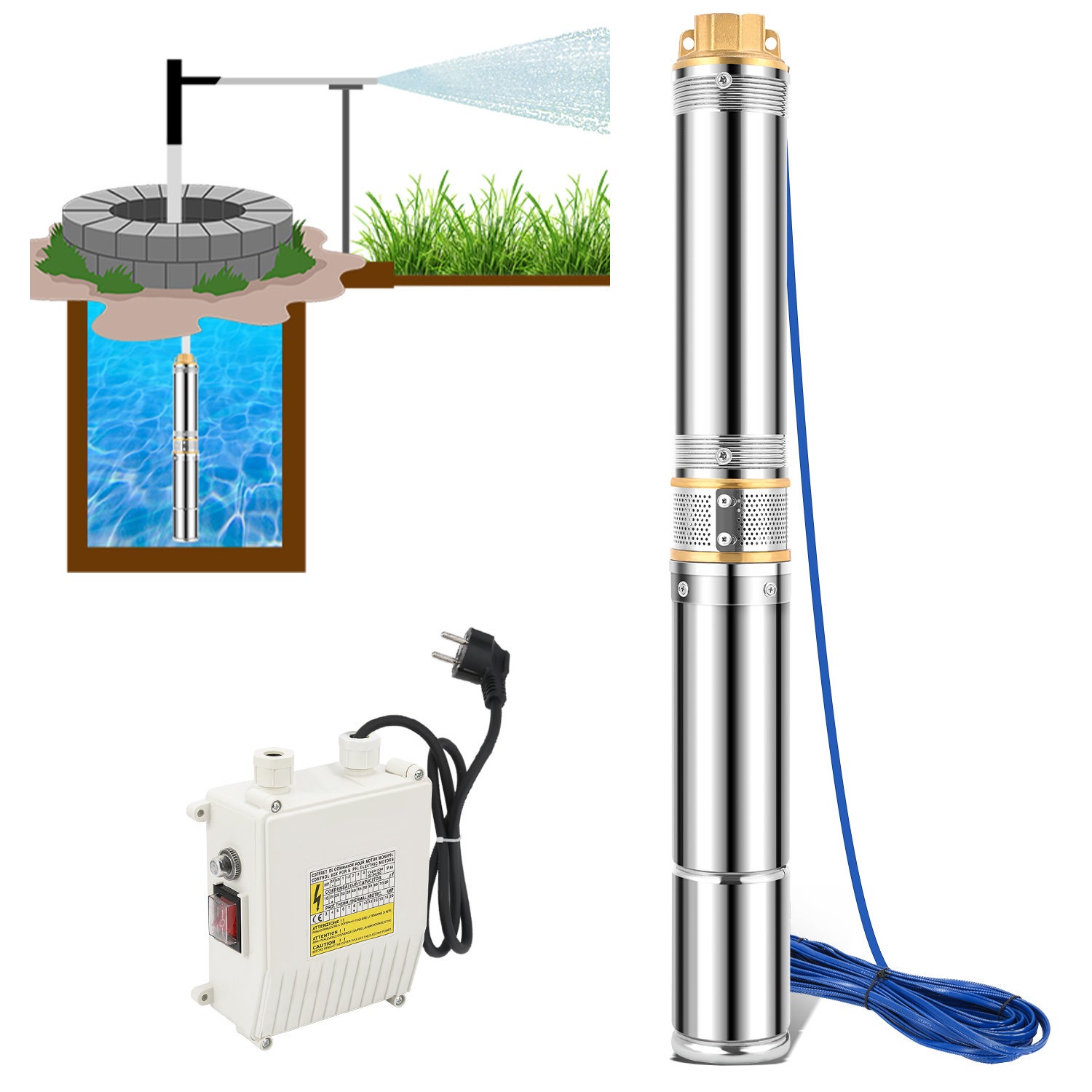 Pompa zanurzeniowa do głębokich studni, 750 W, 4000 l/h, 67 m, z przewodem o długości 20 m i zewnętrzną skrzynką sterowniczą, stal nierdzewna