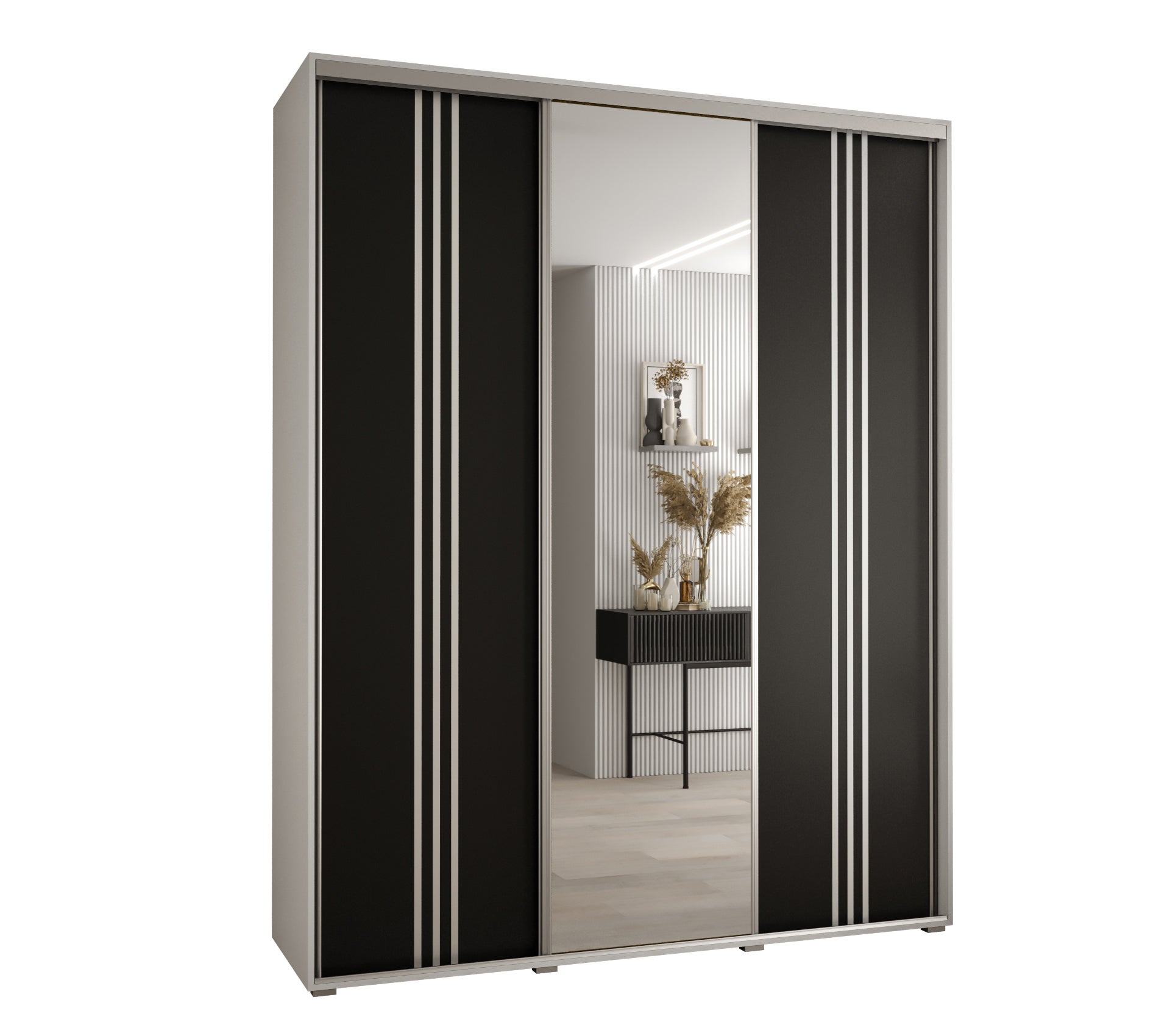Szafa przesuwna z lustrem wysoka Davos 7 200 x 45 x 235,2 cm biały + czarny + u. srebrny - Abiks Meble