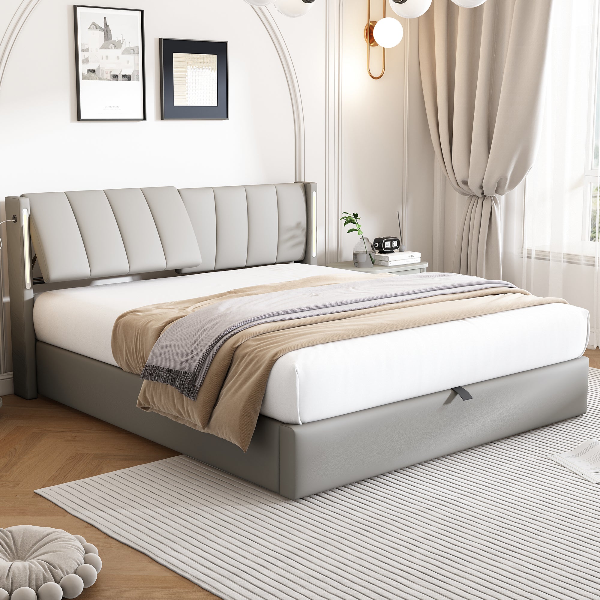 Cama Matrimonial 160x200 cm con Contenedor, USB + LEDs en ambos lados - Hidráulica Tapizada + Cabecero Ajustable, Somier de Láminas - PU + Gris - 2