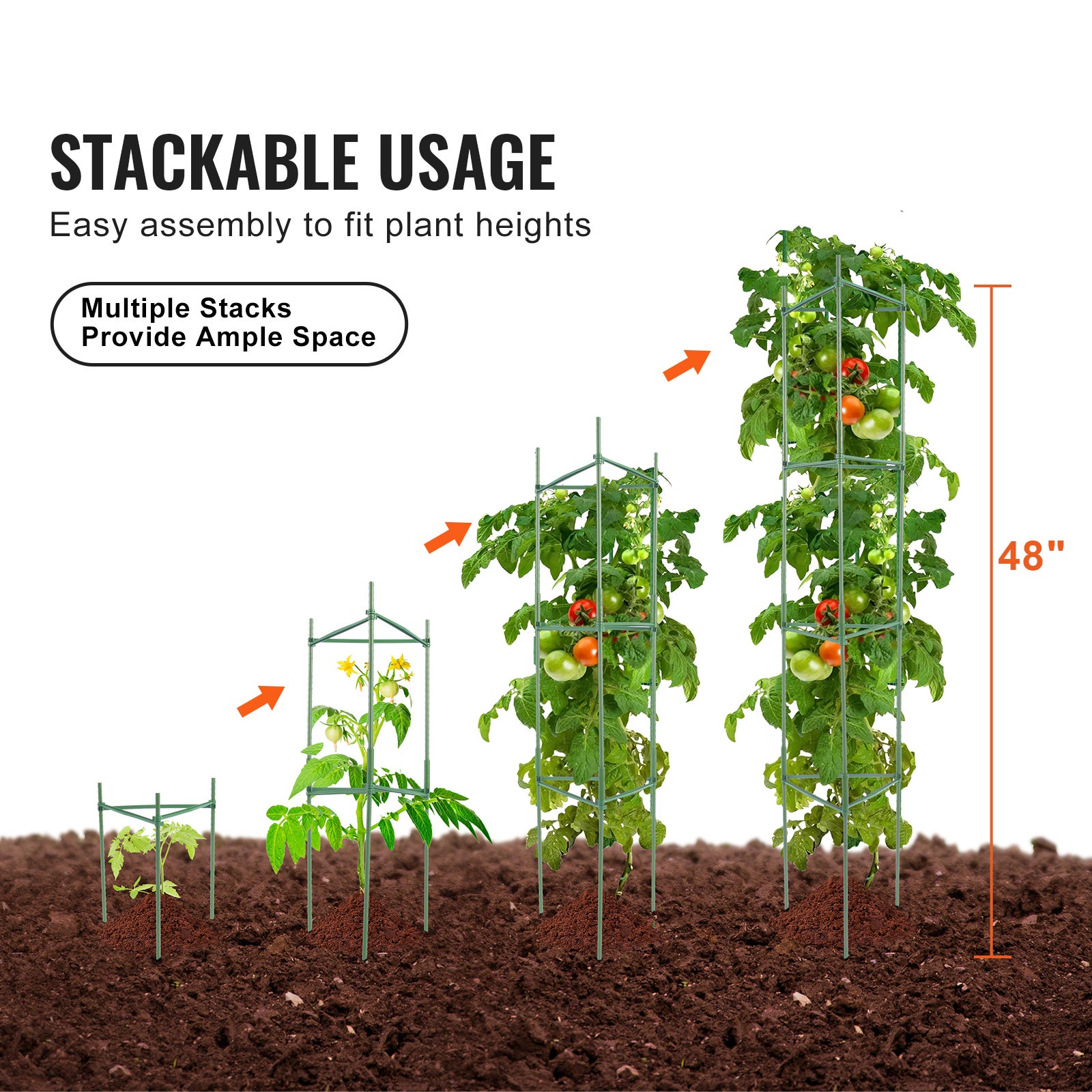 Lot de 6 cages à tomates SucceBuy 48 po, treillis empilable vert, piquets métalliques solides pour légumes, fleurs et plantes grimpantes - 4