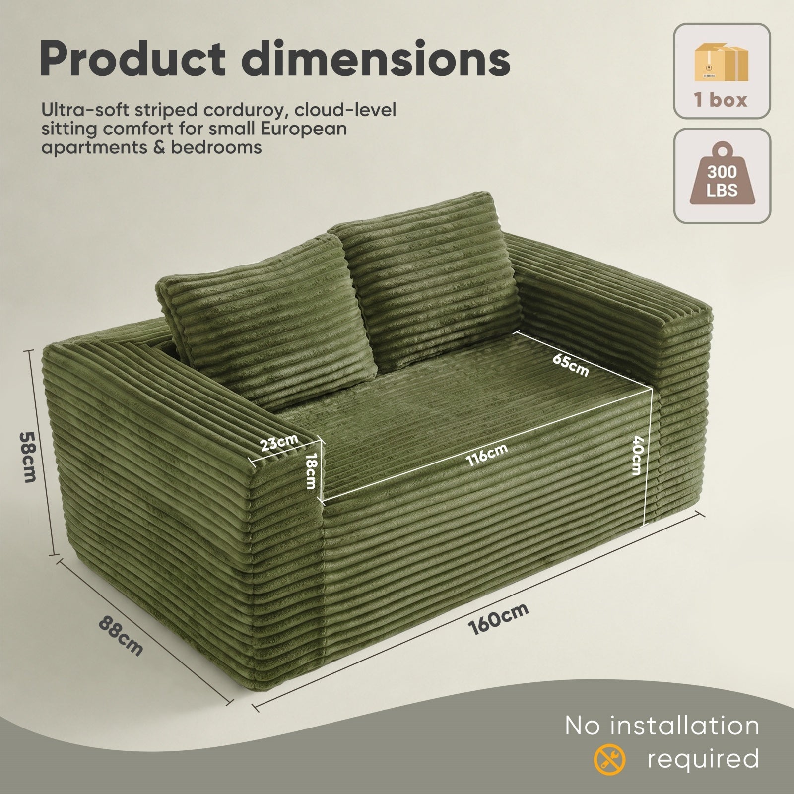Canapé 2 places sans cadre, assise profonde, velours côtelé, sans montage, pour petit espace - Vert - 5