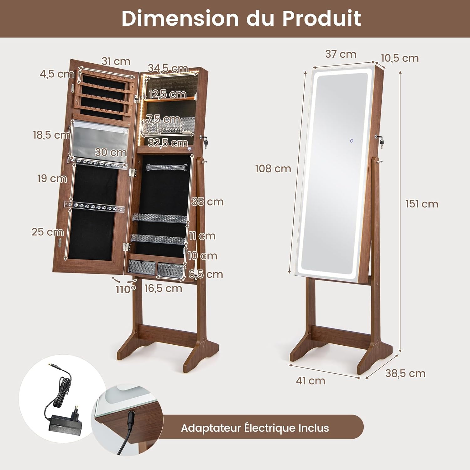 Armoire à Bijoux avec Miroir, Armoire de Rangement sur Pied pour Boucles d'Oreilles, Organisateur de Bijoux Verrouillable avec Lumières(Brun) - 9
