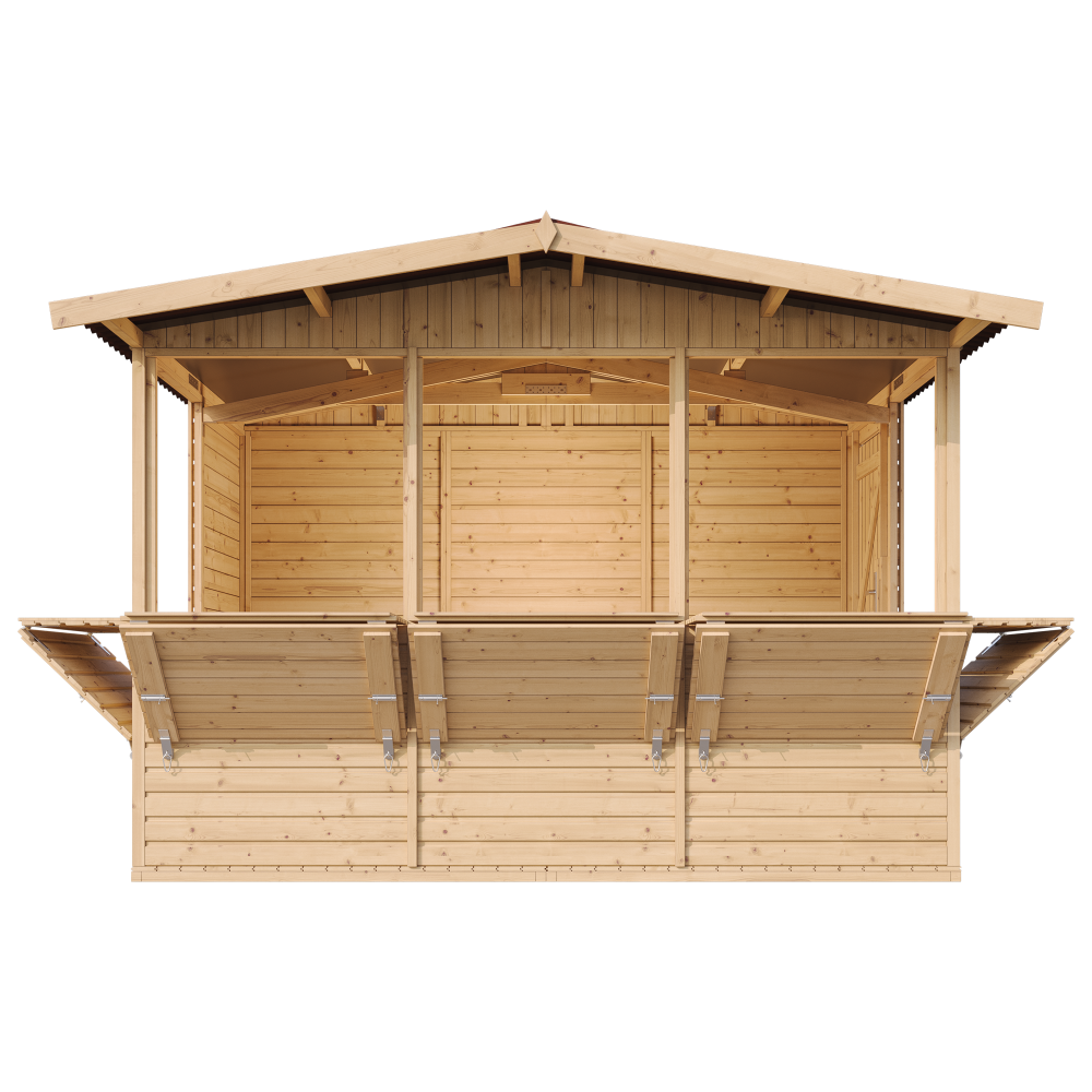 Casita de jardín de madera, Puesto de mercado de madera, Puesto de venta grande con mostrador, CINCO VENTANAS, H232x336x263 cm/6m2 - TIMBELA M150B - 8