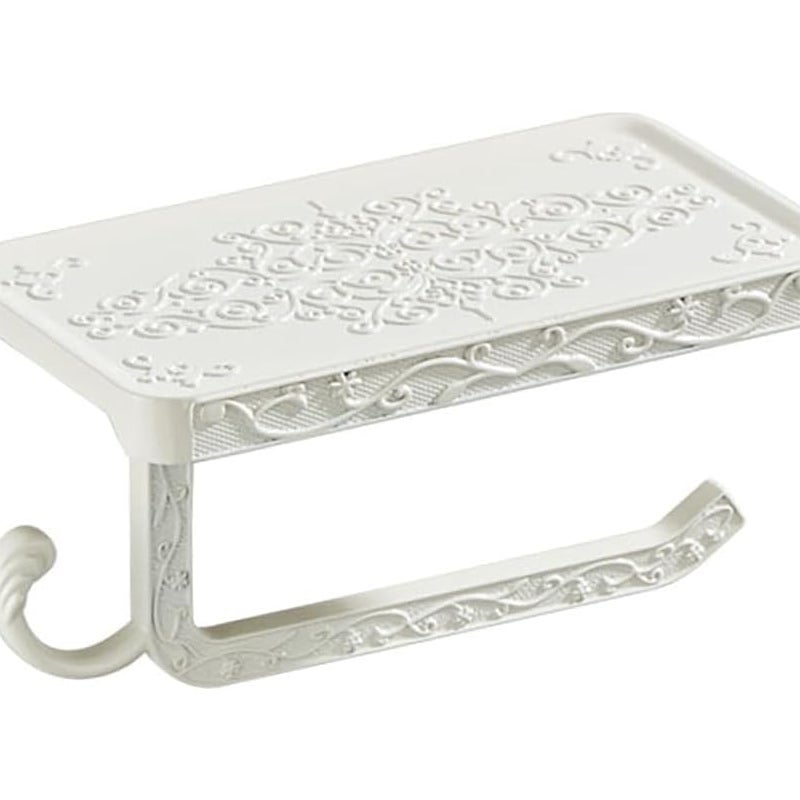 Uchwyt na papier toaletowy w stylu vintage z półkami i haczykami - Uchwyt na papier toaletowy (wykończenie białe)