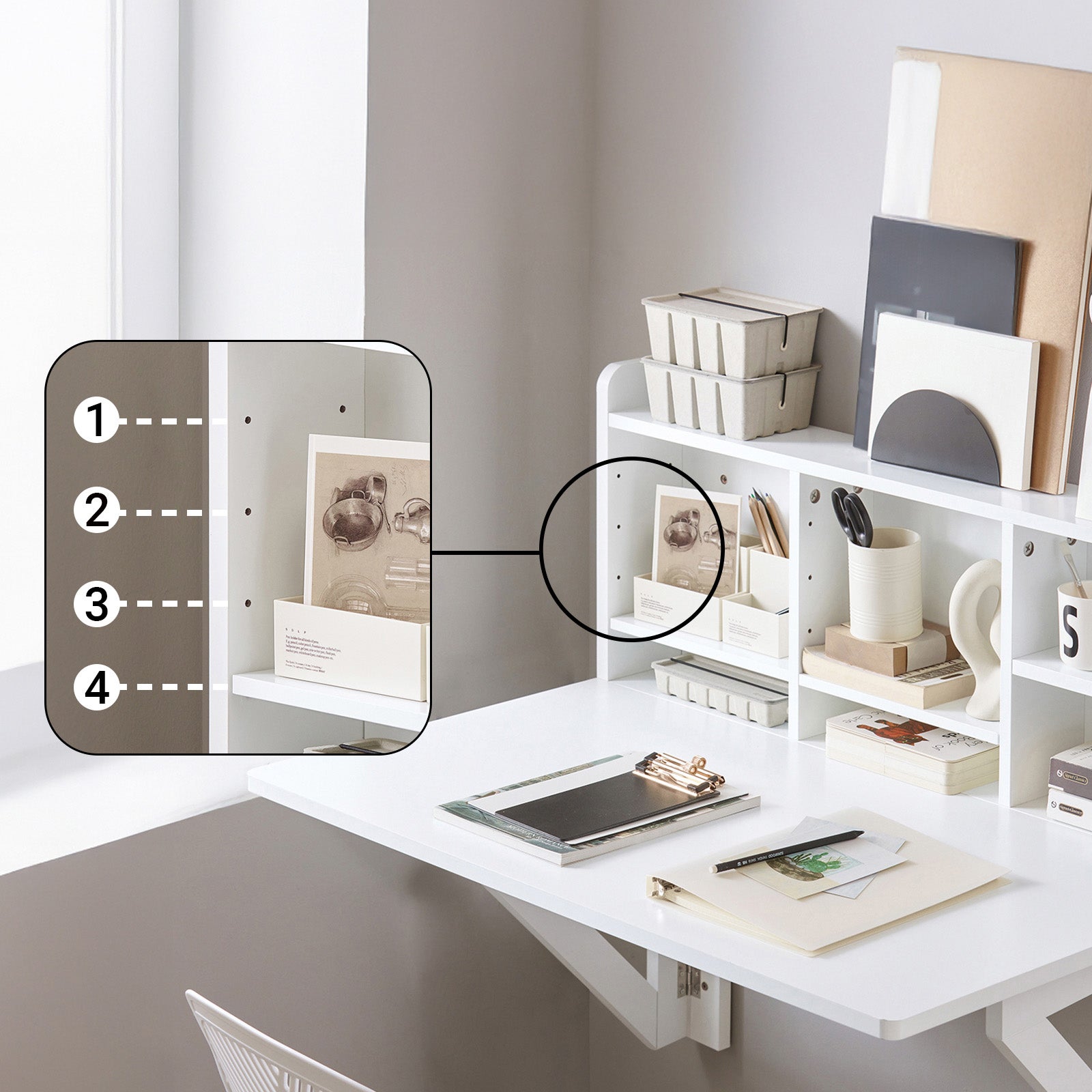 SoBuy Bureau Table Murale Rabattable avec Armoire Murale intégrée, Table Cuisine Pliable, Blanc, FWT07-II-W - 8